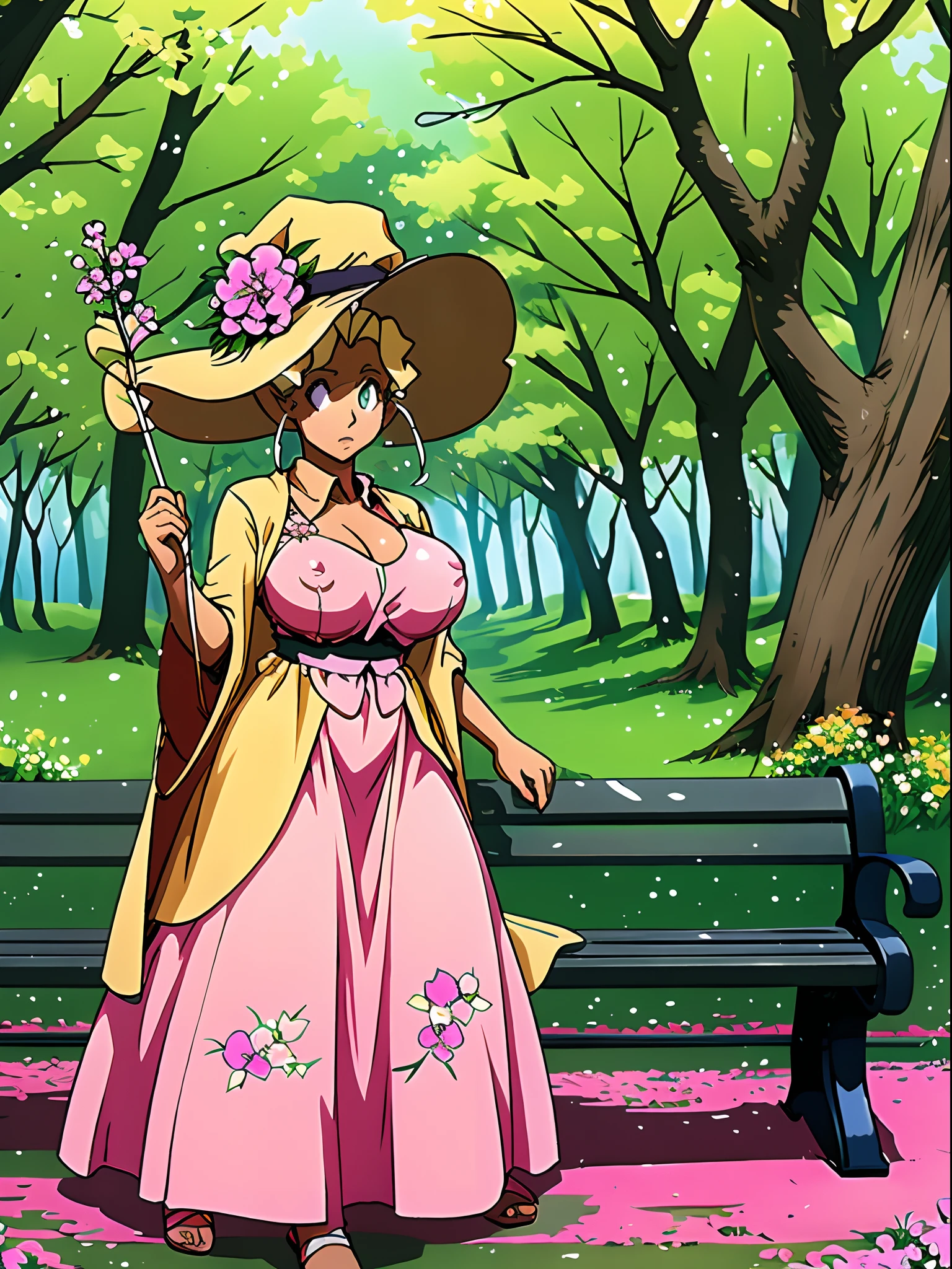 masterpiece, 1girl, kuramitsu mihoshi, full body,long dress, park, bench, flowers, cute, outside, trees, forest, wizard, hat, big breast,closed long skirt, large closed skirt, staff holding