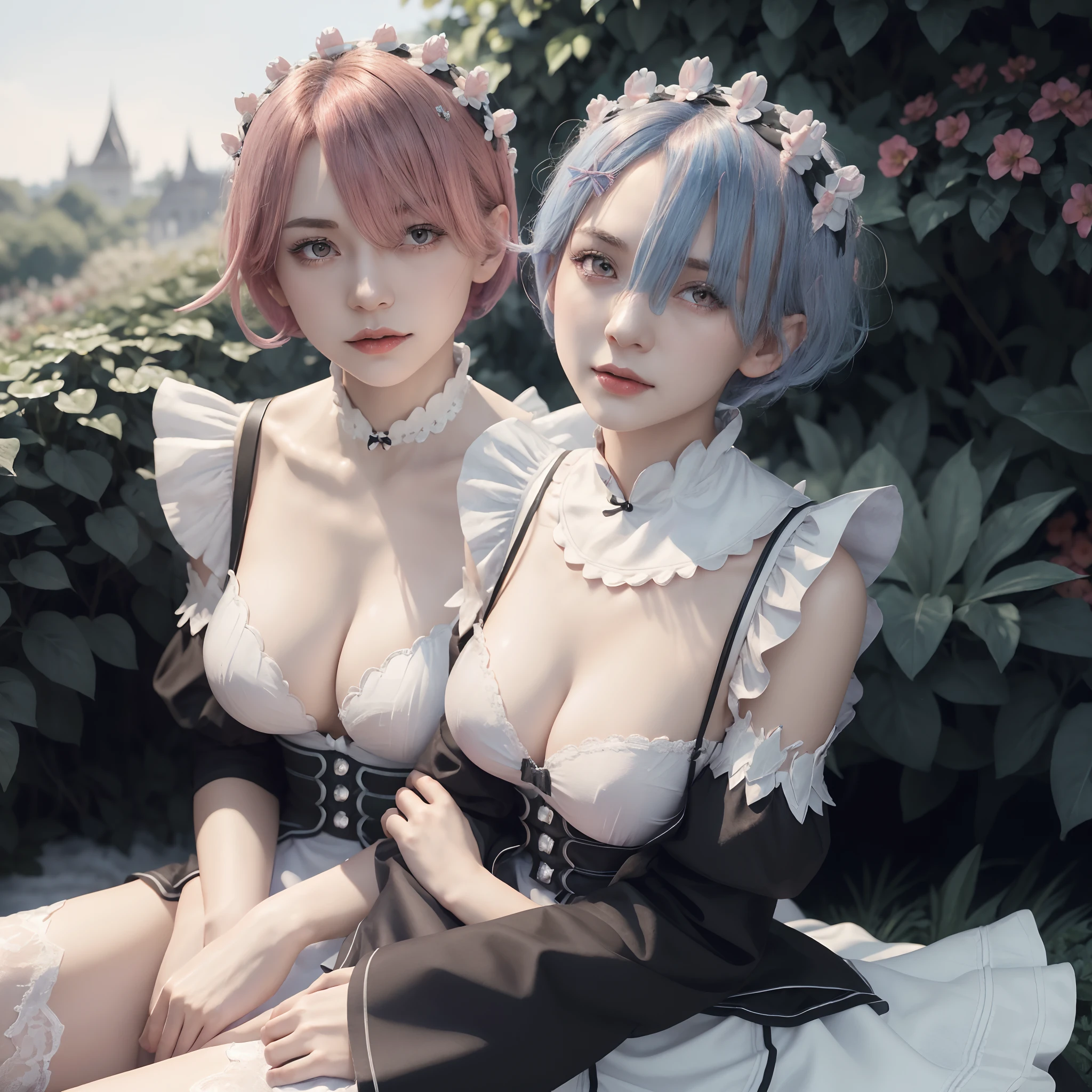 (masterpiece, best quality:1.4), (full body:1.5), (sitting: on the garden:1.5), on a beautifull and rich mansion,  2girls, (ram_rezero with pink hair:1.3), (rem_re_zero with blue hair:1.3), looking at viewer, rem_re_zero, short hair, maid uniform, (black maid uniform:1.5), hair ornament, cleavage, maid headdress, detached sleeves, ribbon, medium breasts, ram_rezero, short hair, (red eyes, red iris), maid uniform, (black maid uniform:1.5), hair ornament, cleavage, maid headdress, detached sleeves, ribbon, medium breasts, beautifull smile, (beautiful face), (highly detailed face, highly detailed eyes), (highly detailed skin), skin pores, subsurface scattering, realistic pupils, full face blush, full lips, depth of field, volumetric lighting, sharp focus, absurdres, realistic proportions, good anatomy, (realistic, hyperrealistic:1.4), 16k hdr