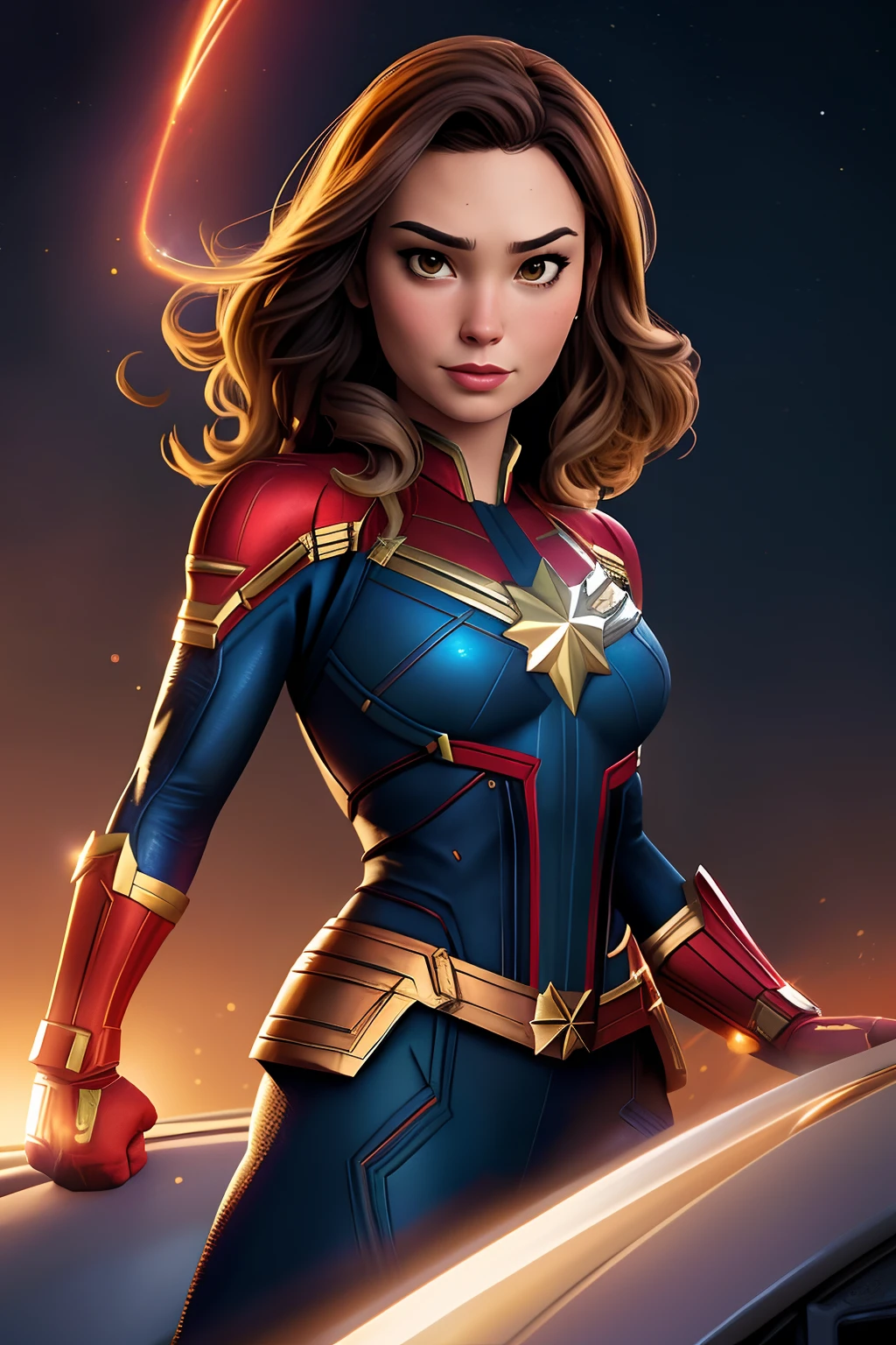 Captain Marvel by - Art - from - The - Avengers, Captain Marvel, high quality colored sketch, fanart requintada altamente detalhada, em estilo de maravilha, No estilo da Marvel Comics, Estilo Marvel, estilo da maravilha, No estilo da Marvel e DC, Superhero portrait, Desenhado no estilo de Mark Arian, Estilo Marvel Comics, gal gadot as captain marvel(alta qualidade)fundo luminoso,pele perfeita