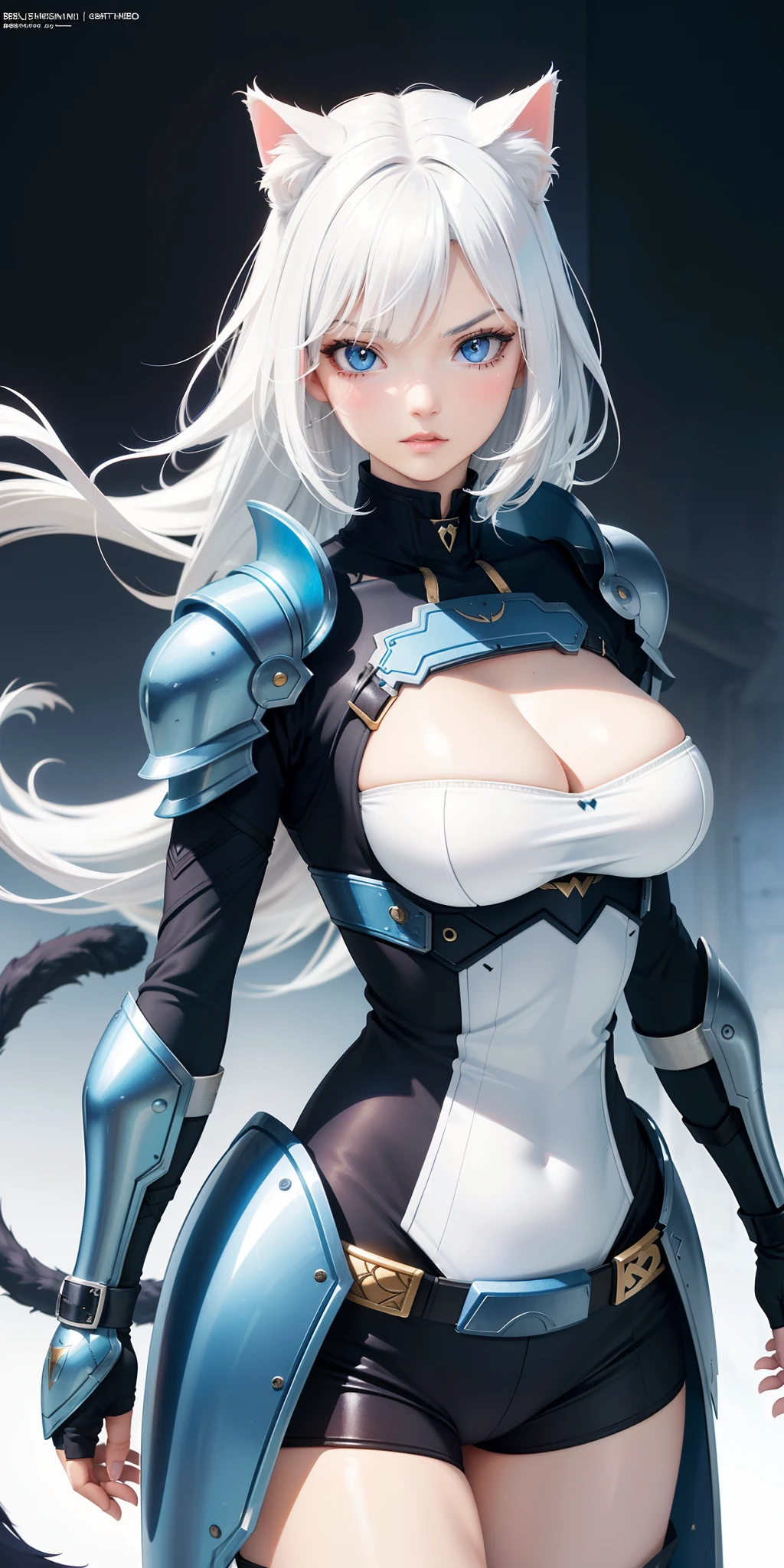 big breasts, beautiful, ((1 cat girl)) ((25 years old)) warrior, ((white hair)) long, bluish eyes, detailed background, higher resolution, deep big breasts, hair covers one eye, body armor warrior, perfect lips, serious expression, hyperdetailed, arena runner