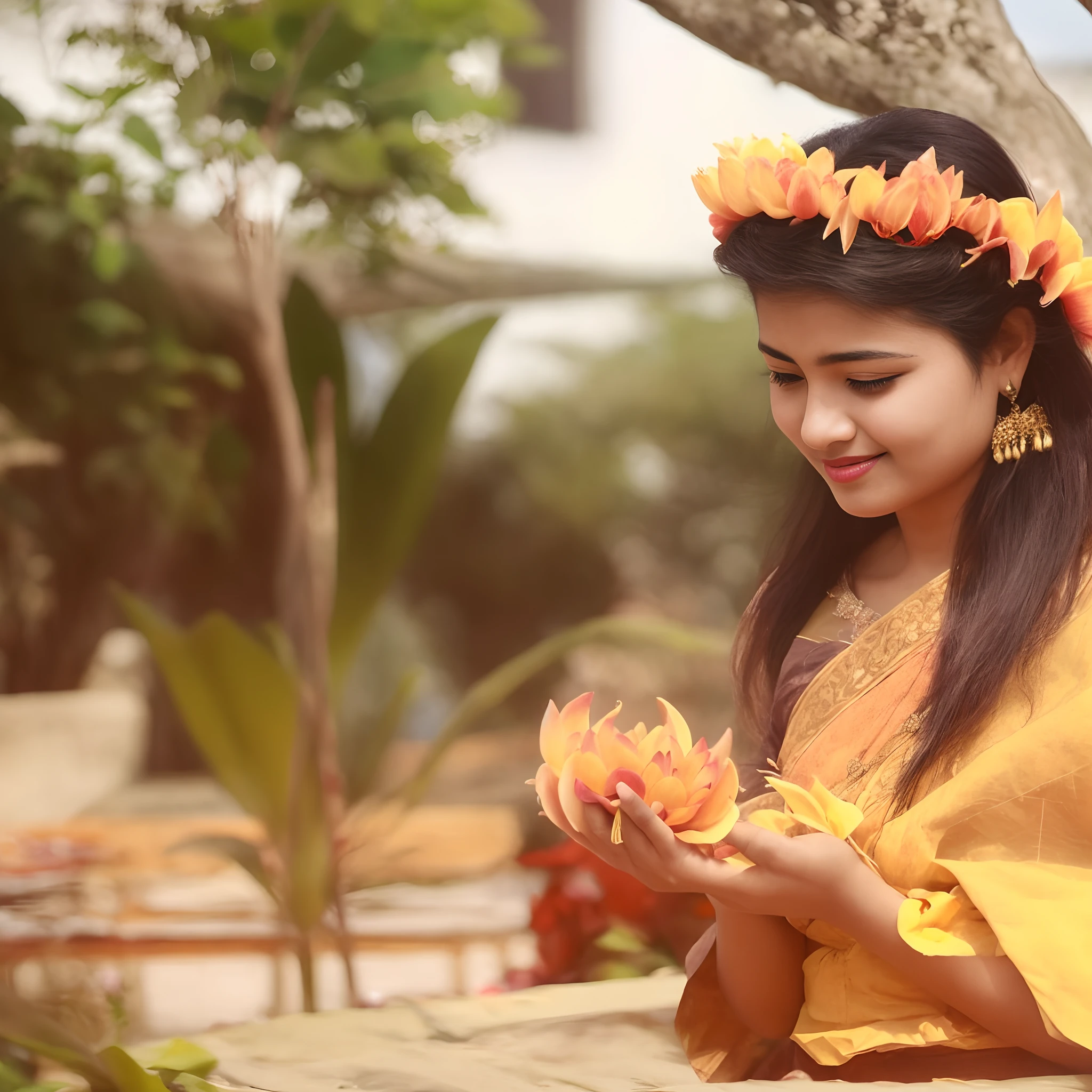 there is a woman that is holding a flower in her hand, assamese aesthetic, lotus floral crown girl, traditional beauty, wearing bihu dress mekhela sador, candid photography, traditional, candid picture, traditional photography, beautiful image, hindu aesthetic, traditional dress, photo taken with canon 5d, traditional art, photoshoot, fanart, with yellow cloths