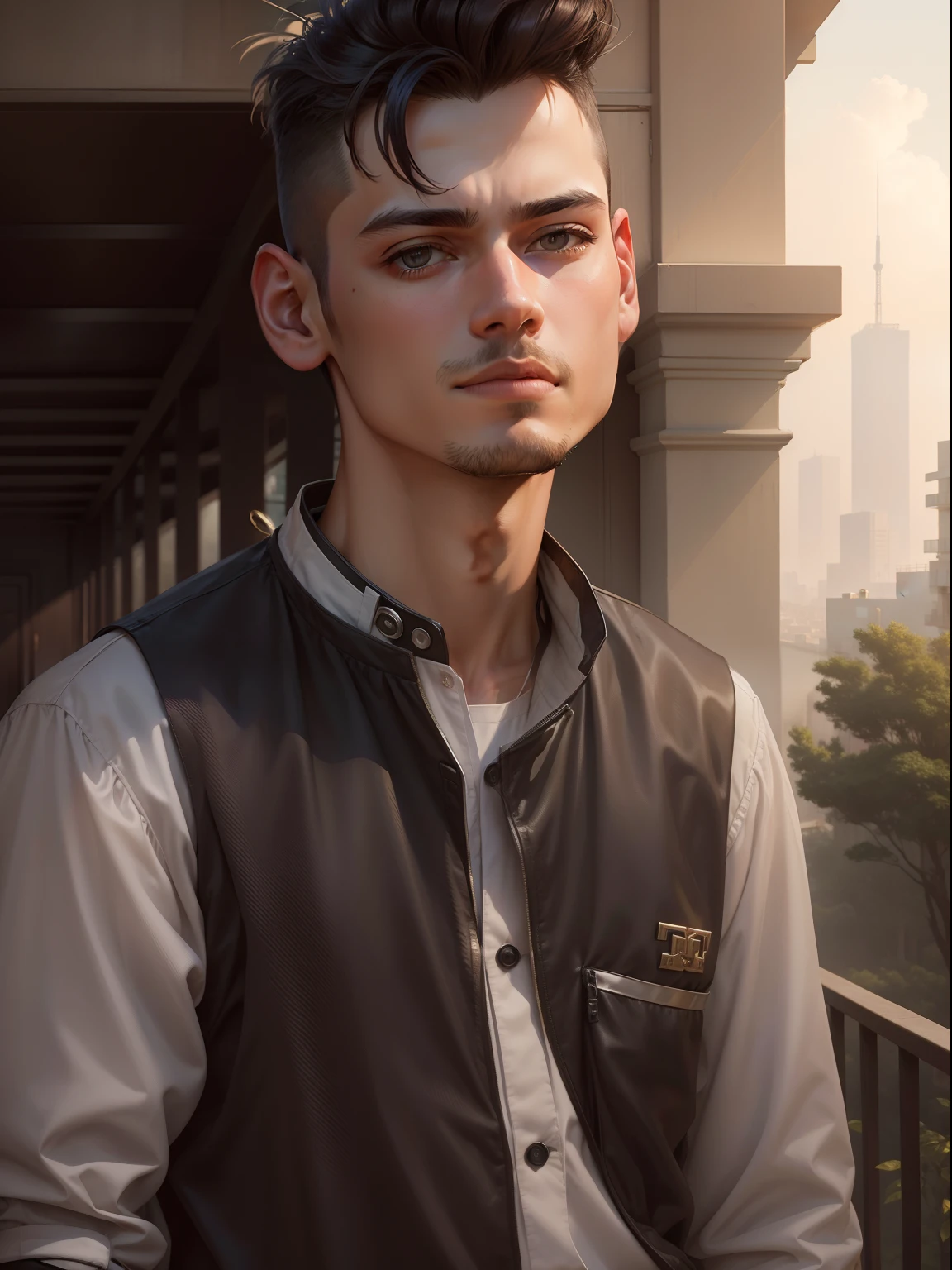 there is a man standing on a balcony with a balcony railing, in balcony of palace, around 1 9 , in city street, in front of a forest background, very very low quality picture, standing outside a house, at the terrace, with lovely look, photo taken in 2 0 2 0, full body photogenic shot, with a figure in the background Change background cyberpunk handsome boy, realistic face