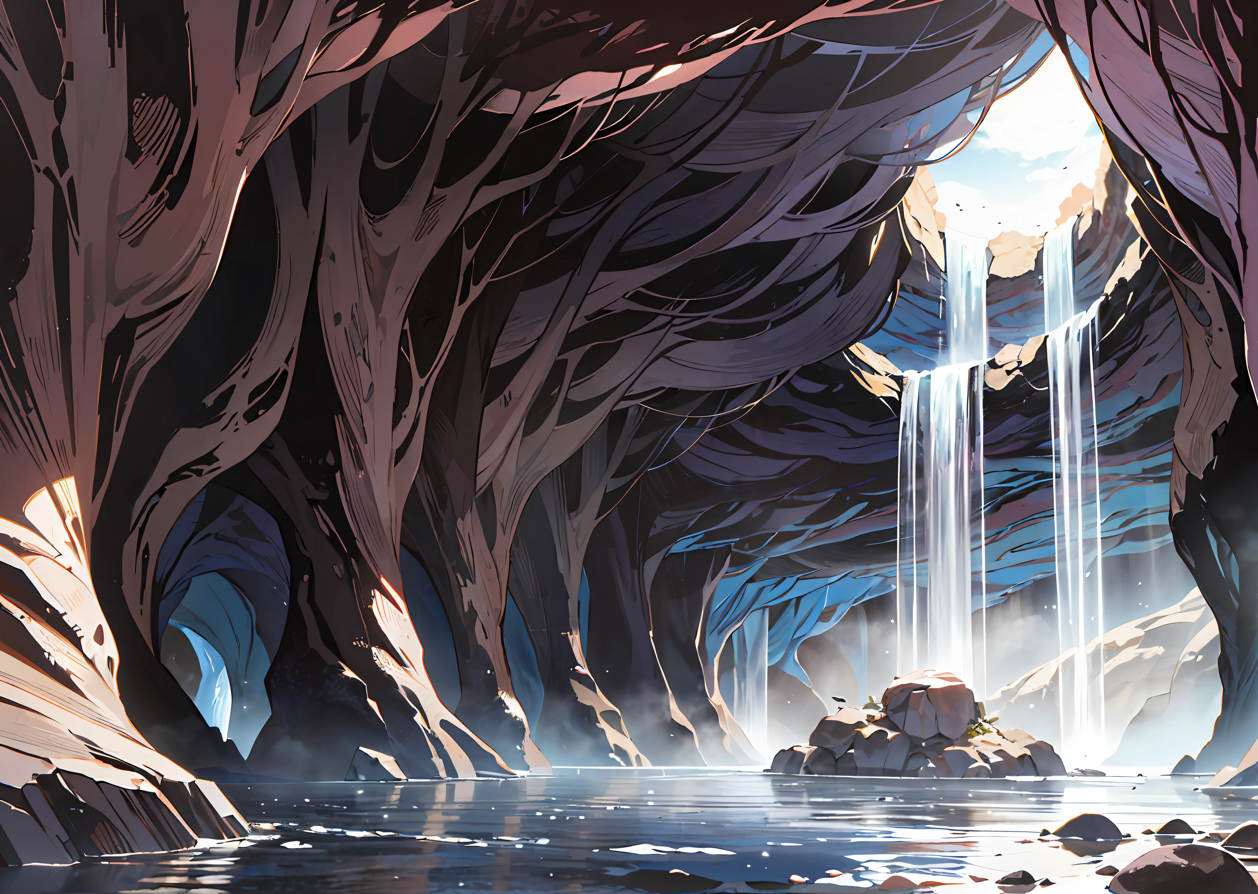 ((rio caudaloso que corta uma caverna de fantasia)), detalhado, epic compositio, obra prima, melhor qualidade