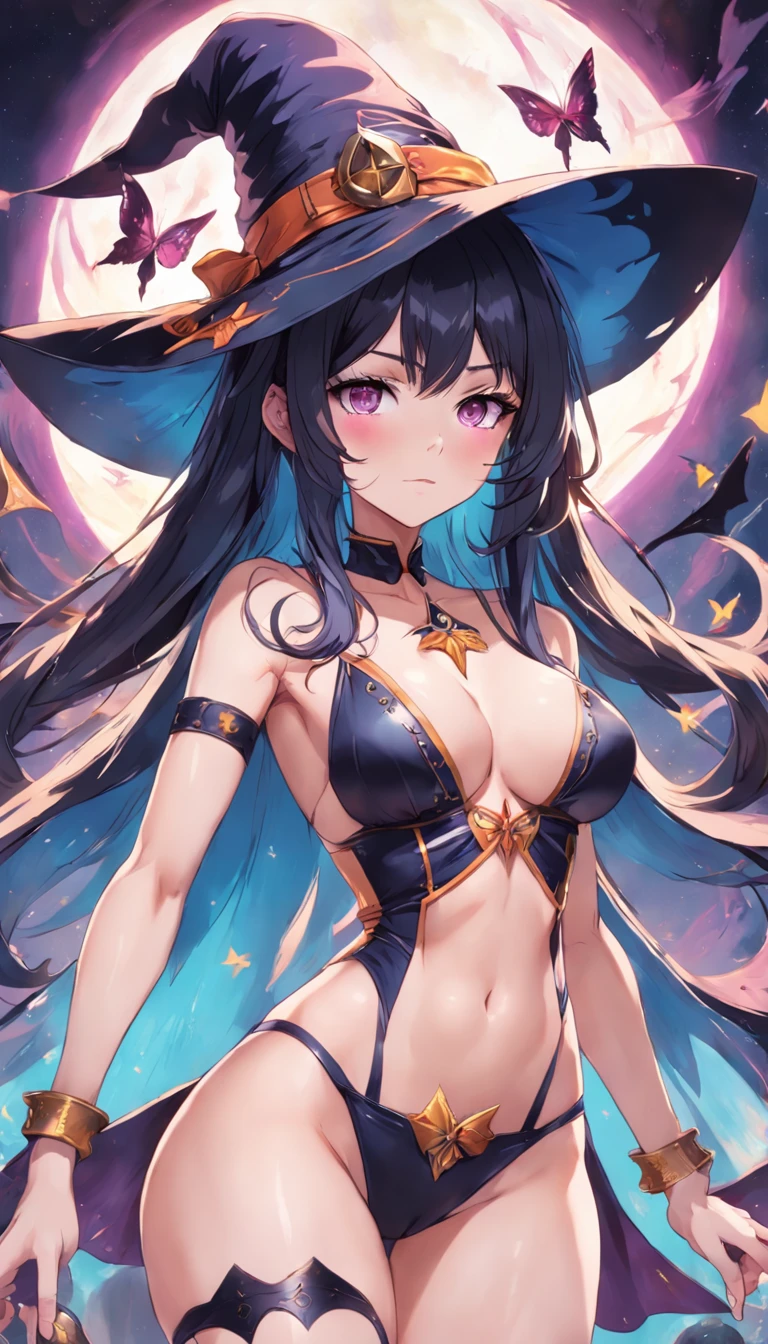 colorful butterfly,girl,bikini,upper body,witch hat,(detailed face:1.2), (medium breasts),(cleavage),(thigh bands),long hair,asymmetrical bangs,Tarot border,The portrait is centered,(no weapon),(bouncing breasts),