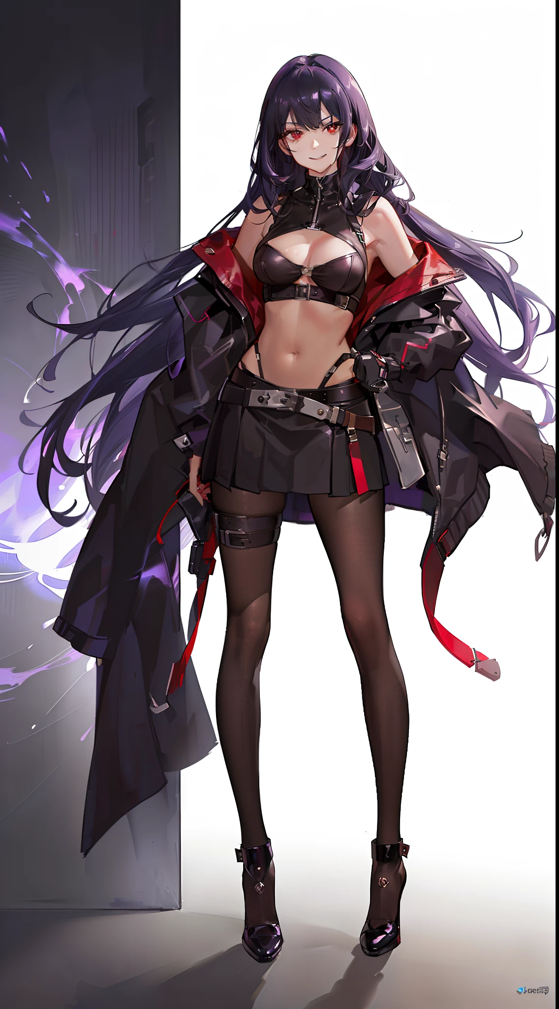 Adult woman, black skin, long purple hair, red eyes, purple top, leather jacket, leather skirt, smirk, open belly, open breasts, black lipstick, Masterpiece, hiquality