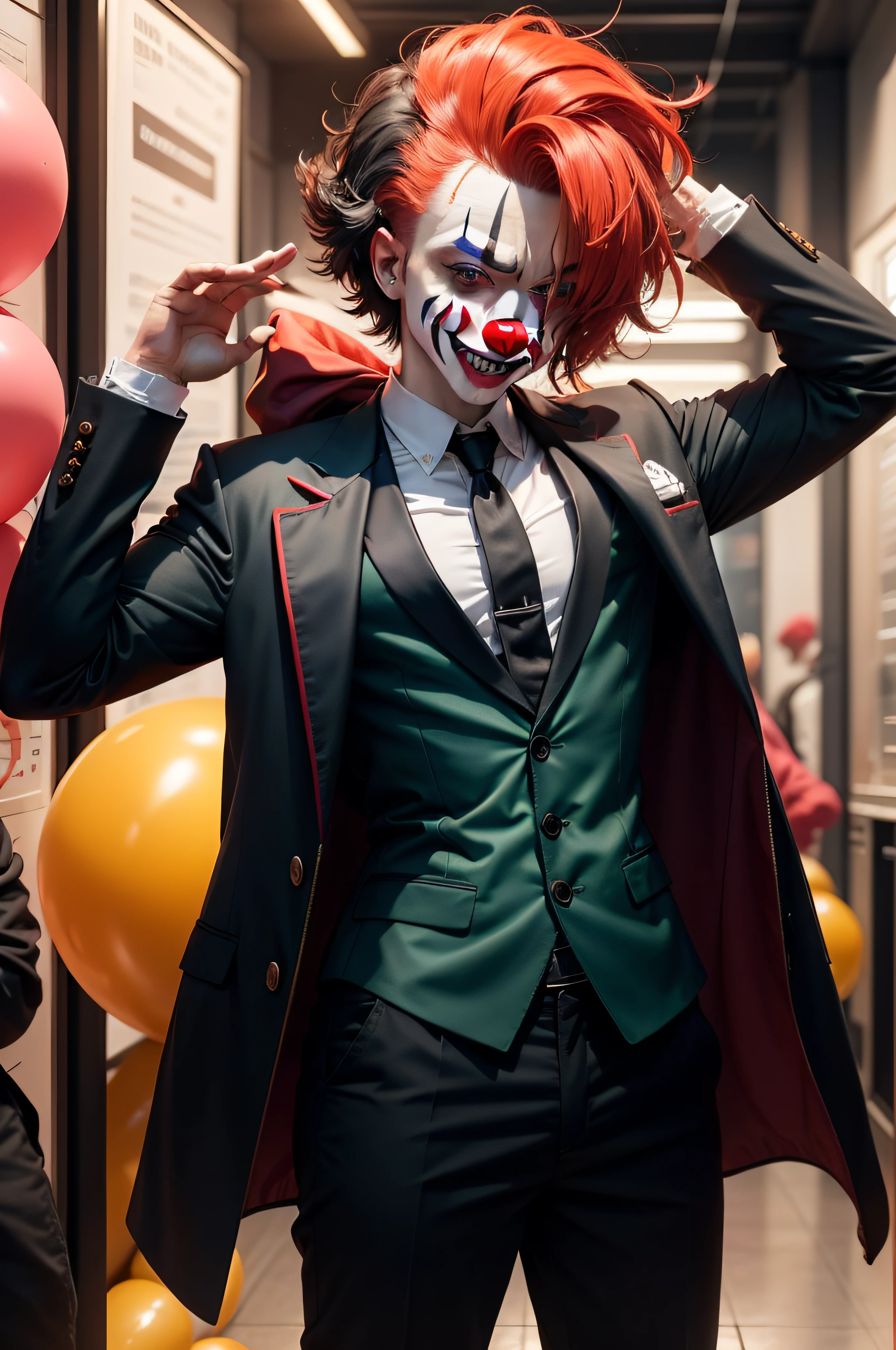 Toxicortes that comes from toxic with a clown character green and red hair with black suit, bem detalhado, roupa social, estando feliz carregando um video, 4k qualidade, bem detalhado