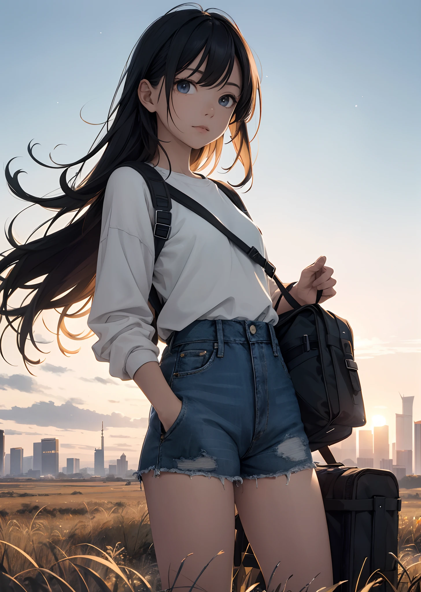 The vast sky, beautiful skyline, large grasslands, extremely tense and dramatic pictures, moving visual effects, high hanging Polaris, colorful natural glare. A girl in a long-sleeved top and denim shorts with a side backpack