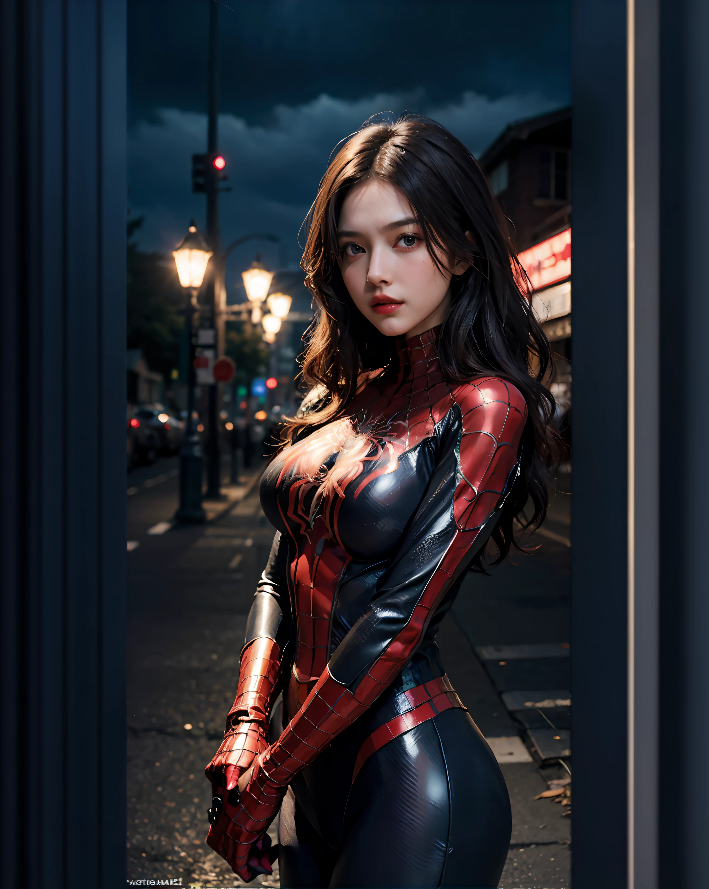 Jessica Alba、マーベル・コミック映画のPoster, Very beautiful, Movies about Spiderman, sexy, whole body, I'm wearing a skirt、Premiere date, Poster、belly buttonを突き出す、new york、She's wearing a torn Spider-Man suit,The suit is torn、Wearing a skirt、 Red and black color scheme,dynamic、masterpiece、highest quality、Ultra-detailed、Very detailed、A delicate and beautiful shine、超A high resolution、Cinematic,Break,Breakdrop,(Torn clothes:1.5), (Wet clothes:1.4), Bare shoulders,Real Rain,Wet Hair,belly button、Exposing Skin、sexyな肩を見せてる