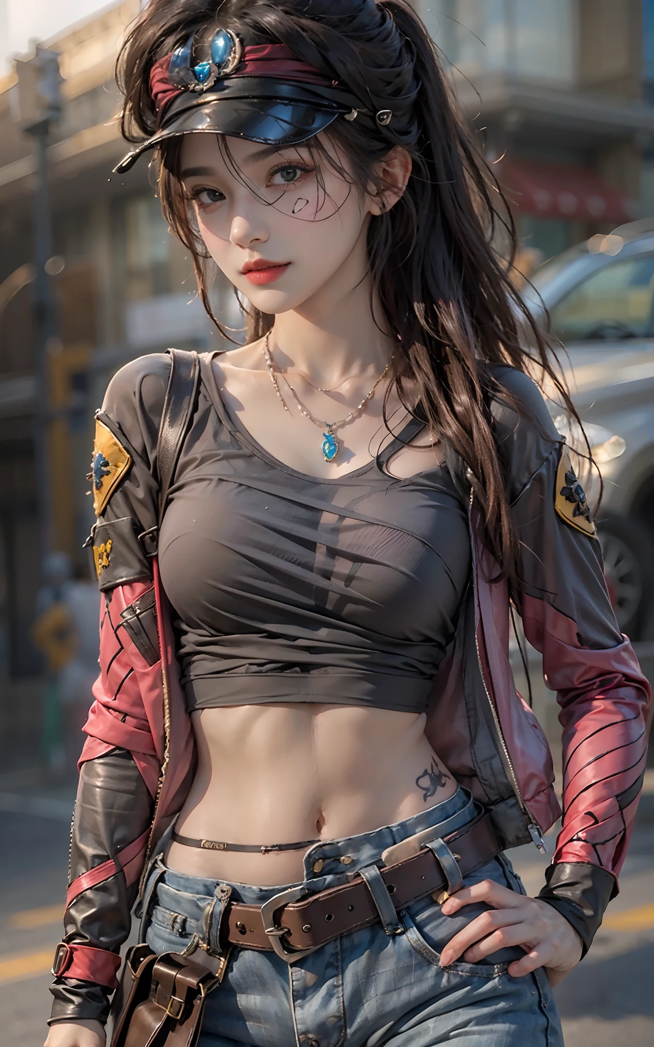 Photorealistic, High resolution, Soft light,1womanl, Solo, hips up high, (Detailed face),The tattoo, Jewelry, street wear, Beautiful Soldier, An eye that invites the viewer, Lover's perspective, inviting expression, Sexy smile, Perfect Style, Perfect balance, Detailed skin, Naughty gaze, Chest visible