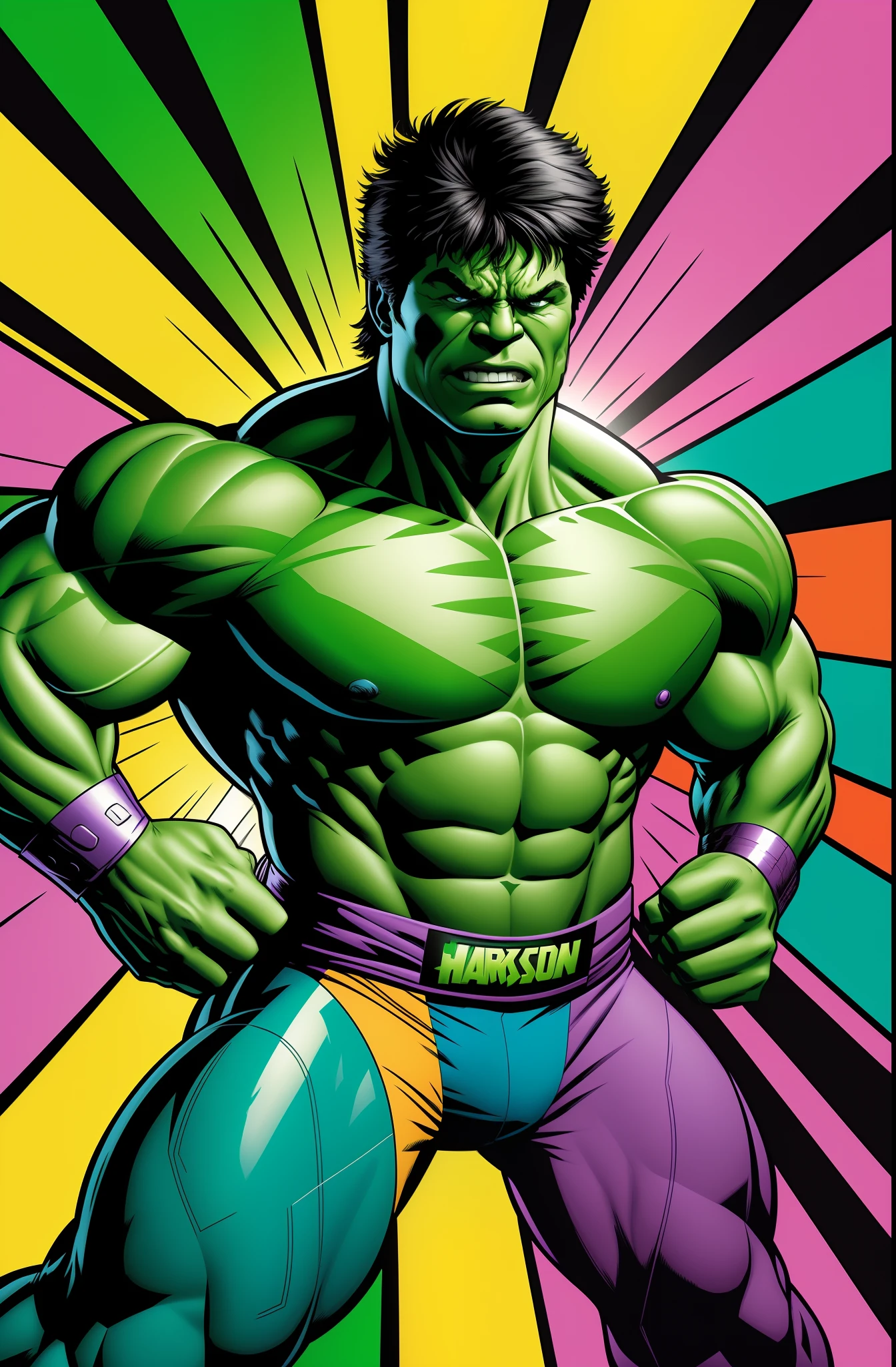 Hulk SMILE on a colorful background with a comic style background, Desmedido, Hulkish, Hulk, hulk like physique, Incredible hulk, Tipo de Corpo Hulk, O Hulk, Retrato do Hulk, musculoso! verde, the incredible hulk, inspirado em Joe Jusko, Design de personagens de quadrinhos dos anos 90, Boris Johnson como Hulk, maravilha, Personagens dos quadrinhos da Marvel
