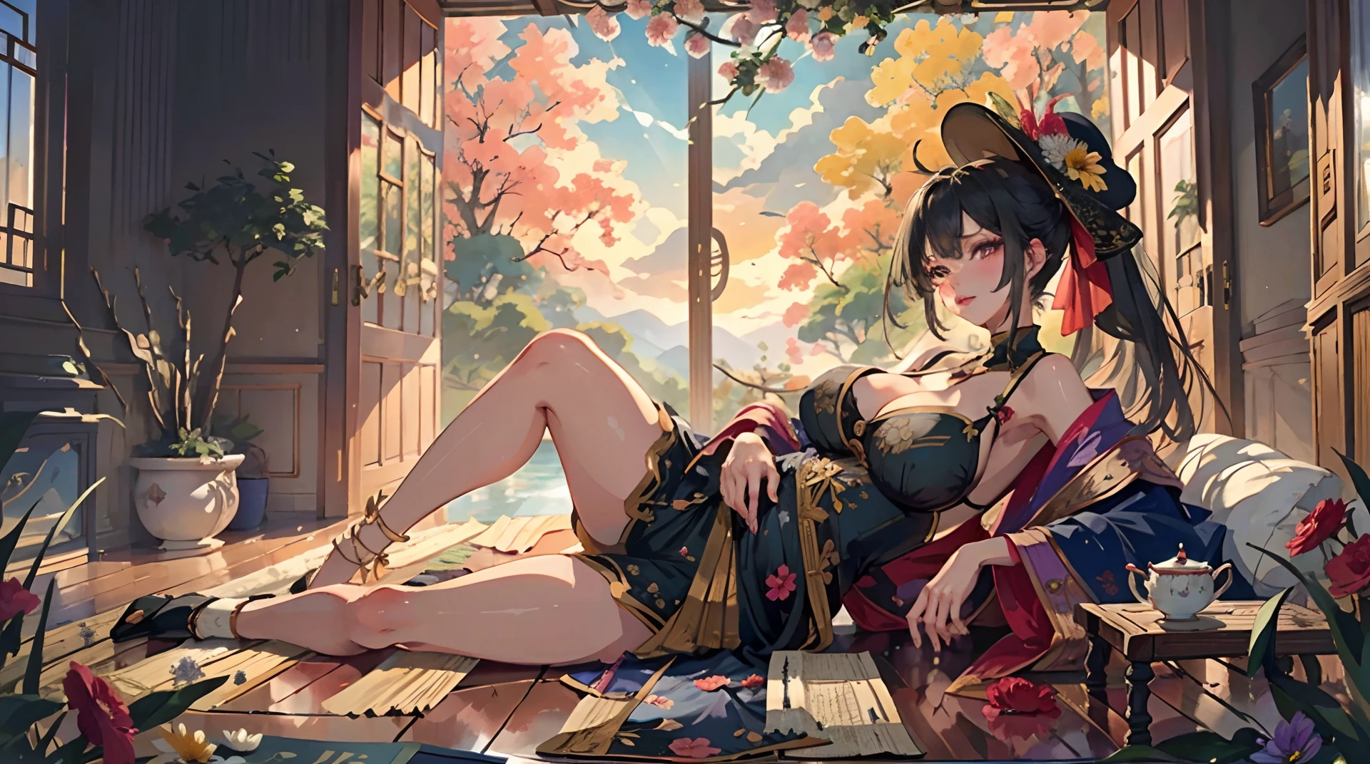 se,Masterpiece, Best quality, A high resolution, 超A high resolution,Realiy,2.5D,1 female,mid afternoon,Natural lighting,big breasts exposed cleavage,Raised sexy,indoor,full bodyesbian,Hat,cheerfulness,lying down,No bra,Stockings,sky,flower,Plump body,Oval face,High ponytail,Long hair,details eyes,details lips,Large breasts,Slim waist,Slim thighs,anklet