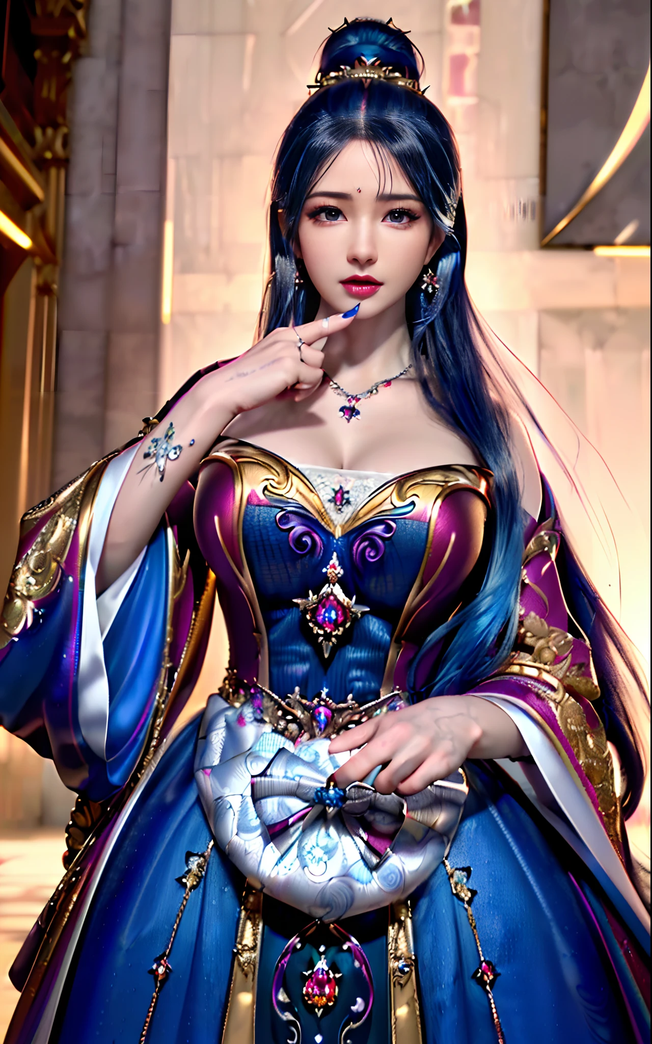 ((realisticity: 1.2)), ((realistic: 8K UHD)), ((best resolution: 8K UHD)), hyper detailed, best quality,masterpiece,highres,cg, ((1 girl hyper detailed and hyper realistic) ) , ((beautiful queen, hyper realistic and hyper detailed)),((white skin, beautiful, smooth, youthful, hyper realistic and hyper detailed )), ((Face hyper beautiful, white, hyper realistic and hyper detailed ) ), long hair, ((hyper realistic and hyper detailed dress)), solo, ((hyper realistic, hyper beautiful, beautiful and hyper detailed jewelry)), ((hyper beautiful deep red and golden yellow dress, hyper realistic and hyper detailed )) , ((Her pretty, hyper realistic, hyper detailed diamond filled earrings)), ((Her gorgeous diamond haircut, hyper realistic and hyper detailed)), ((hyper pretty upper body, hyper beautiful, hyper realistic and hyper detailed) ), ((medium breast: 1.1)), ((hyper realistic, hyper pretty, hyper detailed boobs)), ((the backgroun of the royal palace is hyper majestic, hyper realistic and hyper detailed)),((hands and palms hyper beautiful, hyper detailed, hyper realistic)), ((hyper detailed and hyper realistic fingers and fingernails)), ((hyper pretty fingernails, hyper vivid, hyper detailed, hyper realistic)), ((thumb, index finger, middle finger, ring finger, little finger hyper vivid, hyper pretty, hyper detailed, hyper realistic)), ((hyper beautiful fingers, hyper detailed, and hyper realistic)), ((posture not too fat and not too thin, hyper realistic, hyper detail)), ((hyper pretty, hyper pretty, hyper realistic and hyper detailed hair bun)), ((hyper pretty , hyper realistic and hyper detailed blue hair)), candid, Photo, high resolution, 8k , bokeh,