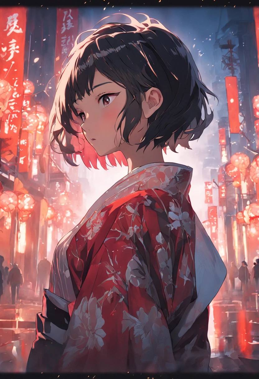 Digital portrait of a noble Japanese woman with short hair, Beautiful face, Intricate, Cinematic, realistic epic, Unreal Engine 5, Gorgeous, Exhilarating color grading, trending on artstationh, Photography, cinema shot, Art style and Ross painting
