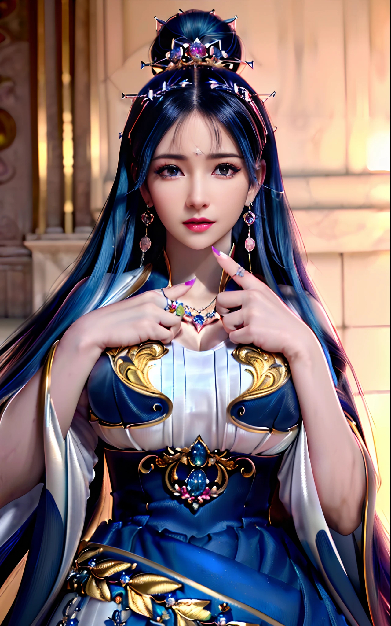 ((realisticity: 1.2)), ((realistic: 8K UHD)), ((best resolution: 8K UHD)), hyper detailed, best quality,masterpiece,highres,cg, ((1 girl hyper detailed and hyper realistic) ) , ((beautiful queen, hyper realistic and hyper detailed)),((white skin, beautiful, smooth, youthful, hyper realistic and hyper detailed )), ((Face hyper beautiful, white, hyper realistic and hyper detailed ) ), long hair, ((hyper realistic and hyper detailed dress)), solo, ((hyper realistic, hyper beautiful, beautiful and hyper detailed jewelry)), ((hyper beautiful deep red and golden yellow dress, hyper realistic and hyper detailed )) , ((Her pretty, hyper realistic, hyper detailed diamond filled earrings)), ((Her gorgeous diamond haircut, hyper realistic and hyper detailed)), ((hyper pretty upper body, hyper beautiful, hyper realistic and hyper detailed) ), ((medium breast: 1.1)), ((hyper realistic, hyper pretty, hyper detailed boobs)), ((the backgroun of the royal palace is hyper majestic, hyper realistic and hyper detailed)),((hands and palms hyper beautiful, hyper detailed, hyper realistic)), ((hyper detailed and hyper realistic fingers and fingernails)), ((hyper pretty fingernails, hyper vivid, hyper detailed, hyper realistic)), ((thumb, index finger, middle finger, ring finger, little finger hyper vivid, hyper pretty, hyper detailed, hyper realistic)), ((hyper beautiful fingers, hyper detailed, and hyper realistic)), ((posture not too fat and not too thin, hyper realistic, hyper detail)), ((hyper pretty, hyper pretty, hyper realistic and hyper detailed hair bun)), ((hyper pretty , hyper realistic and hyper detailed blue hair)), candid, Photo, high resolution, 8k , bokeh,