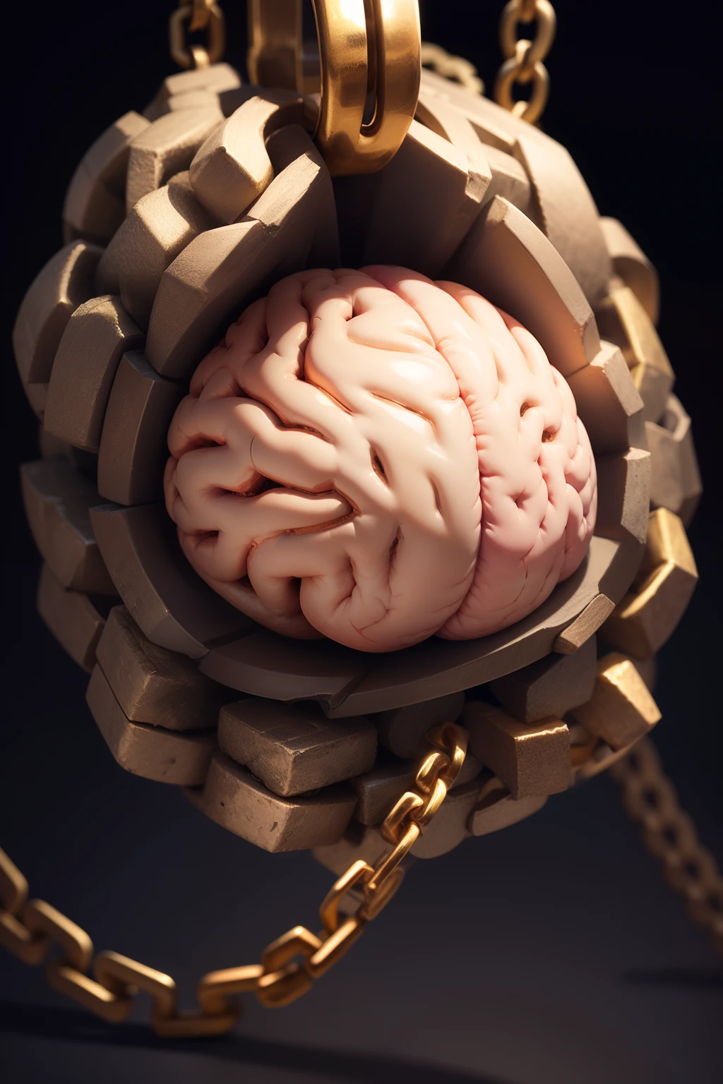 a brain wrapped in a lot of chains,post design style,low lighting,good quality,well detailed,soft colors