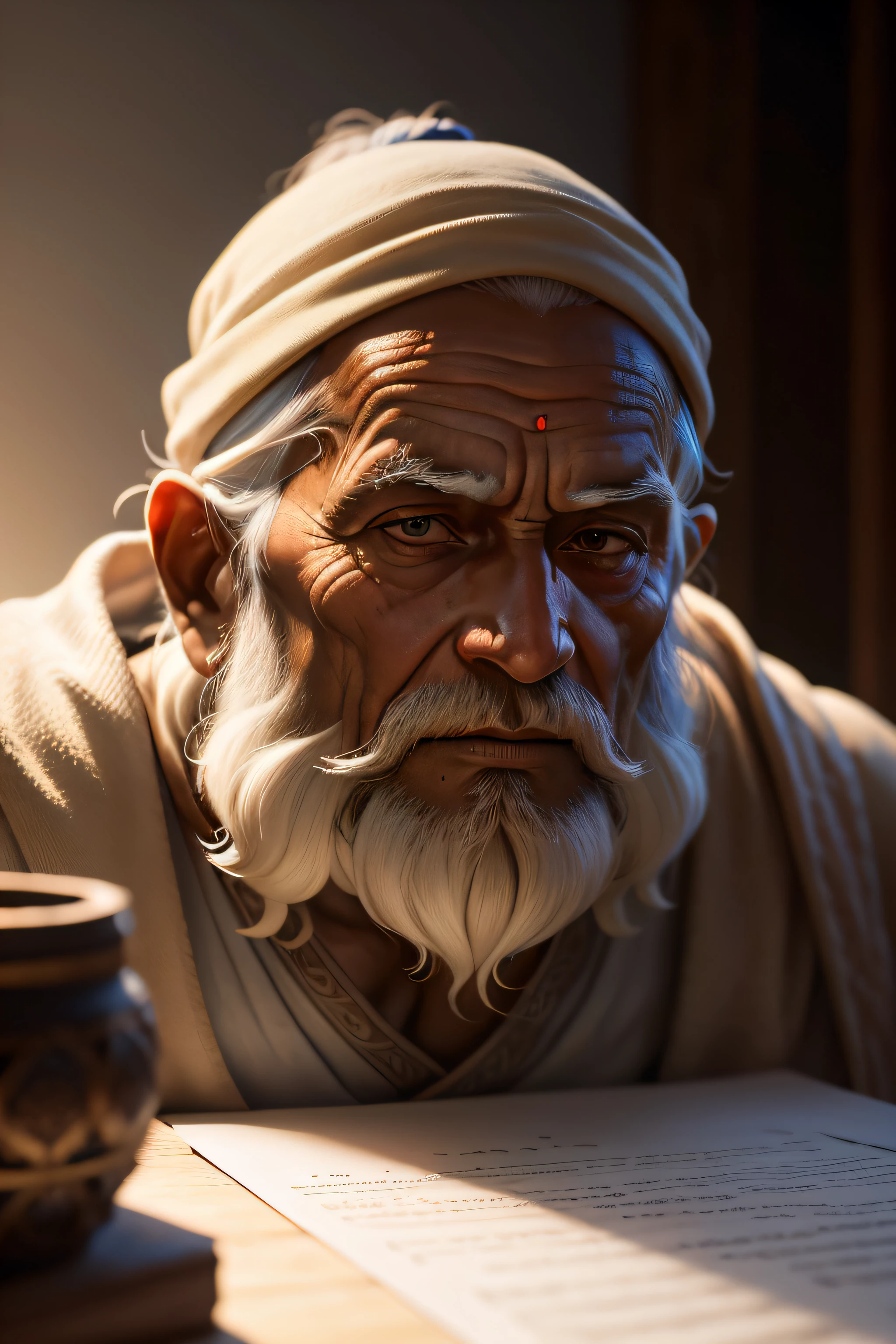 Old Hindu sage,beautiful lighting, melhor qualidade, Realistic, imagem real, detalhes intrincados, altamente detalhado, Fujifilm XT3, sem antecedentes, beautiful lighting, Foto RAW, 8k UHD, filmic grain, History of the SEM