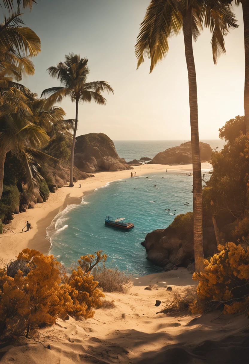 homem dourado com praia deserta como pano de fundo