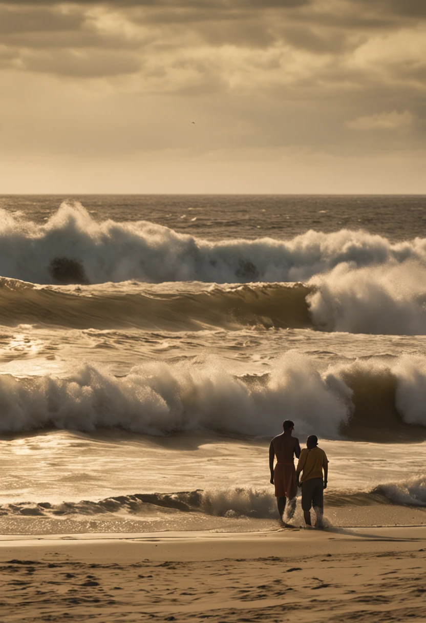 homem dourado com praia deserta como pano de fundo