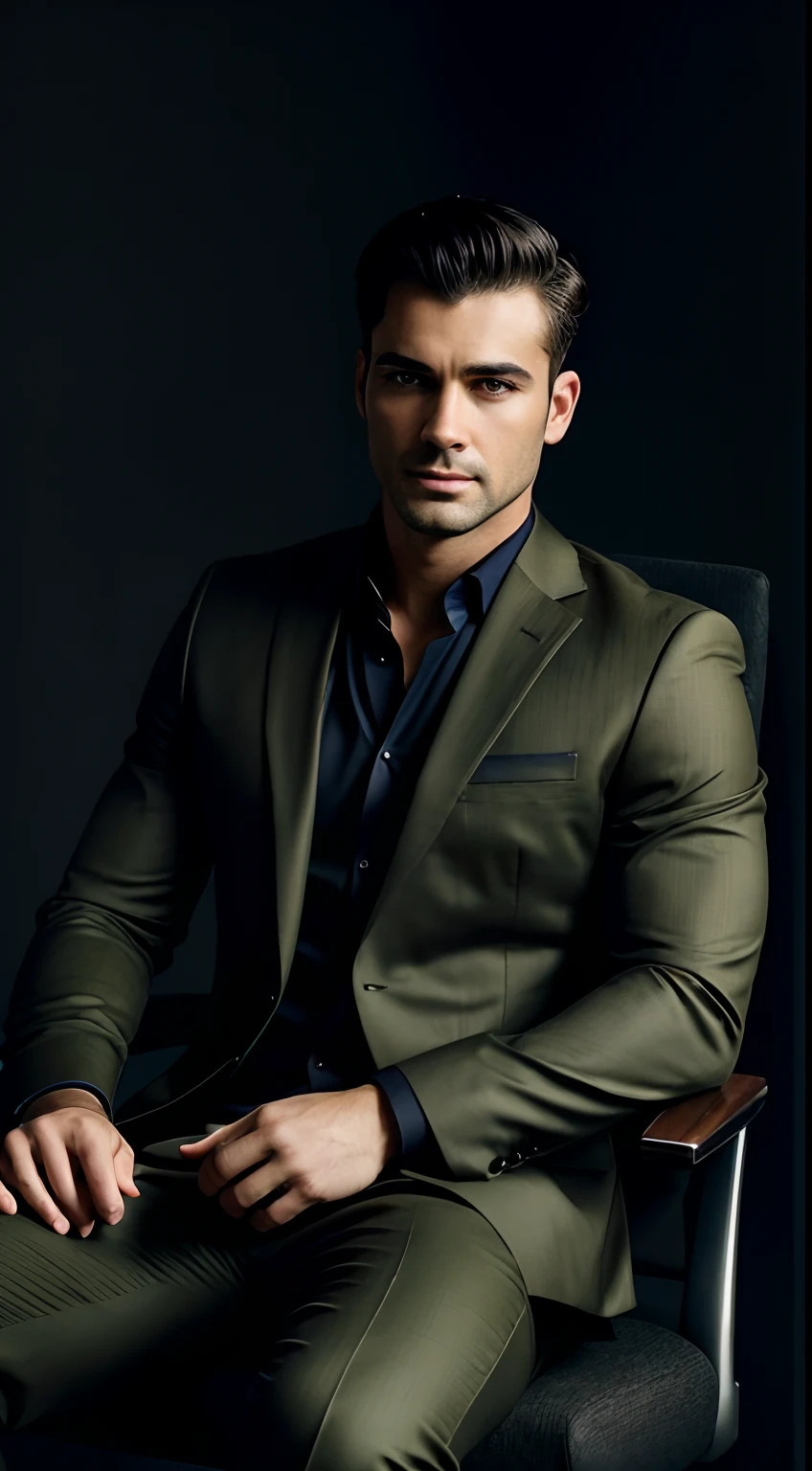 ((half body)) Photo RAW Ceo Man sitting in an office chair, wearing olive suit, facing straight, (Impeccable) ,Serious and elegant man, , with thick male eyebrows, (with mysterious and serious face,) short dark hair, dark black background image, elegant, ( high quality and realistic image), ((Best Quality, 8k, Masterpiece)