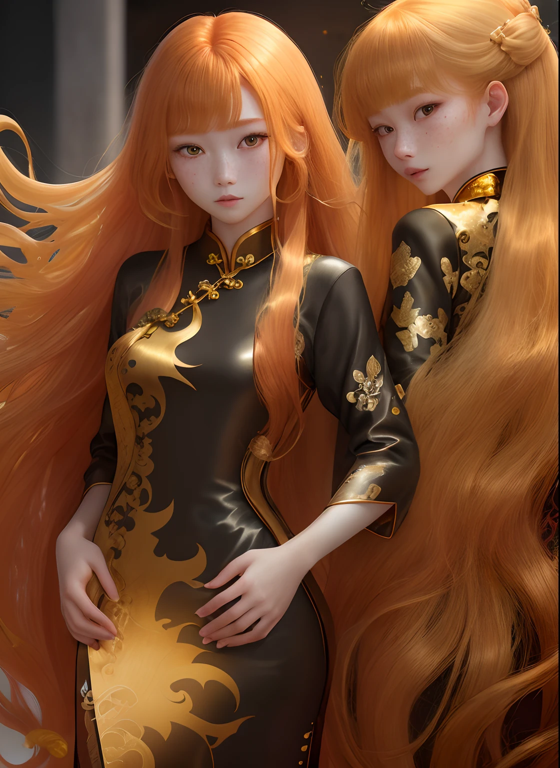 messy long flowing ginger hair, ( gold|black translucent:1.4 cheongsam:1.331), asian redhead ginger girl (18 years old), (freckles, pale skin), defined jawline, smaller head, gorgeous and seductive