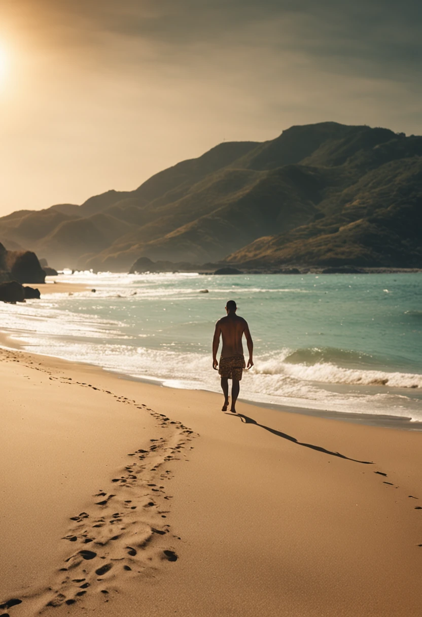 homem dourado caminhando em praia deserta como pano de fundo