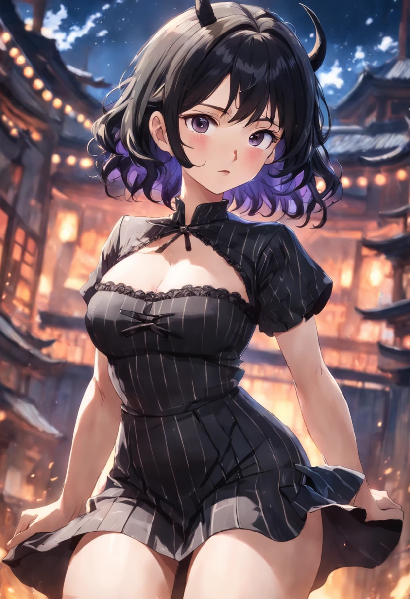 Takada Rokka, rich back lane, Black Hair, blue eyes,semi-long, List scrunchie,smile,blush,Sleeveless purple white Chinese dress,Long slit,Black pantyhose,Stiletto heels,Walking,
break looking at viewer, whole body, (Cowboy Shot:1. 5) break outdoors, Chinese style street, break (masterpiece:1.2), Highest quality, High resolution, unity 8k wallpaper, (shape:0.8), (Beautiful and beautiful eyes:1.6), Highly detailed face, Perfect lighting, Highly detailed CG, (Perfect hands, Perfect Anatomy),
