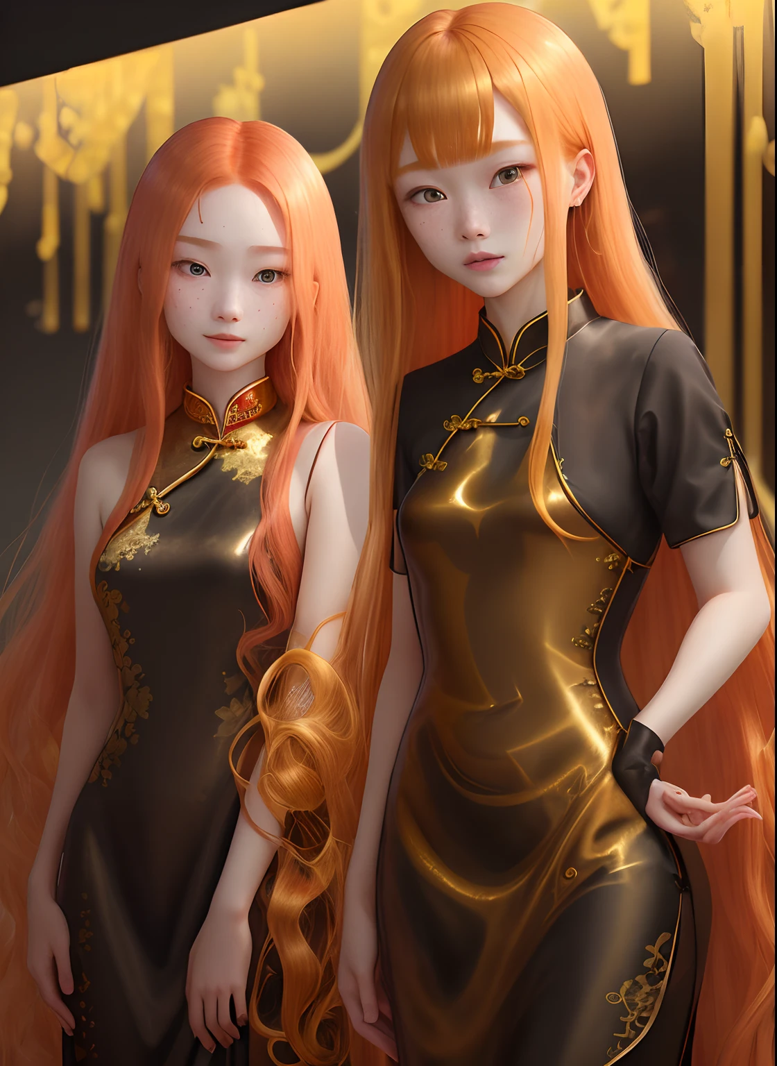 messy long flowing ginger hair, ( gold|black translucent:1.4 cheongsam:1.331), asian redhead ginger girl (18 years old), (freckles, pale skin), defined jawline, smaller head, gorgeous and seductive