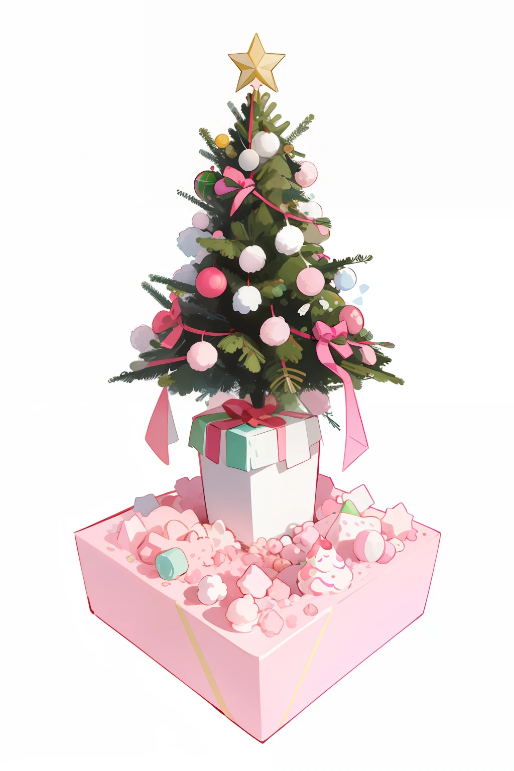 d vector set of Christmas tree icons in the style of atey ghailan, mixes realisitic pink and white decorated colored theme and fantastical elements, candy core realistic and hyper-detailed renderings, low poly, soft muted color palette, watercolor isolate on white