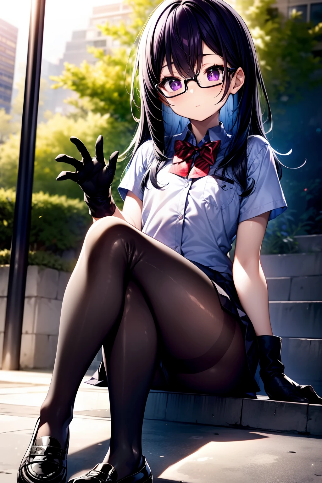 1girl, black purple hair, bangs, loose hair, red bow tie in shirt, long hair, purple eyes, eyeglasses, high resolution, black gloves, gray shirt, school girl black and white school girl uniform, dark pantyhose, black shoes, masterpiece hands, perfect fingers, small breasts, loose hair masterpiece, best quality, illustration, high resolution, beautiful black purple hair light effect, beautiful scene, perfect face, bealtiful hands, ((((nice hands)))), ((((perfect hands)))), pose, looking at viewer, solo, outdoors, city in war