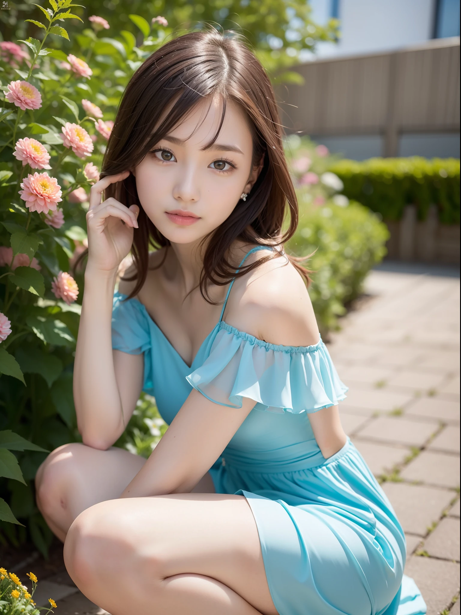 smile,((NSFW)),(Best Quality:1.2), Female dog,(Female organ:1.1),8K, Raw photo, Beautiful sexual woman, ((Her naked lower body is visible under her clothes.、股間のFemale organが見えている:1.3)),Detailed face and eyes,(((Alice in Wonderland:1.3))),whole body,amazing,((A fairy-tale, unrealistic world:1.2)),In the garden with a fountain