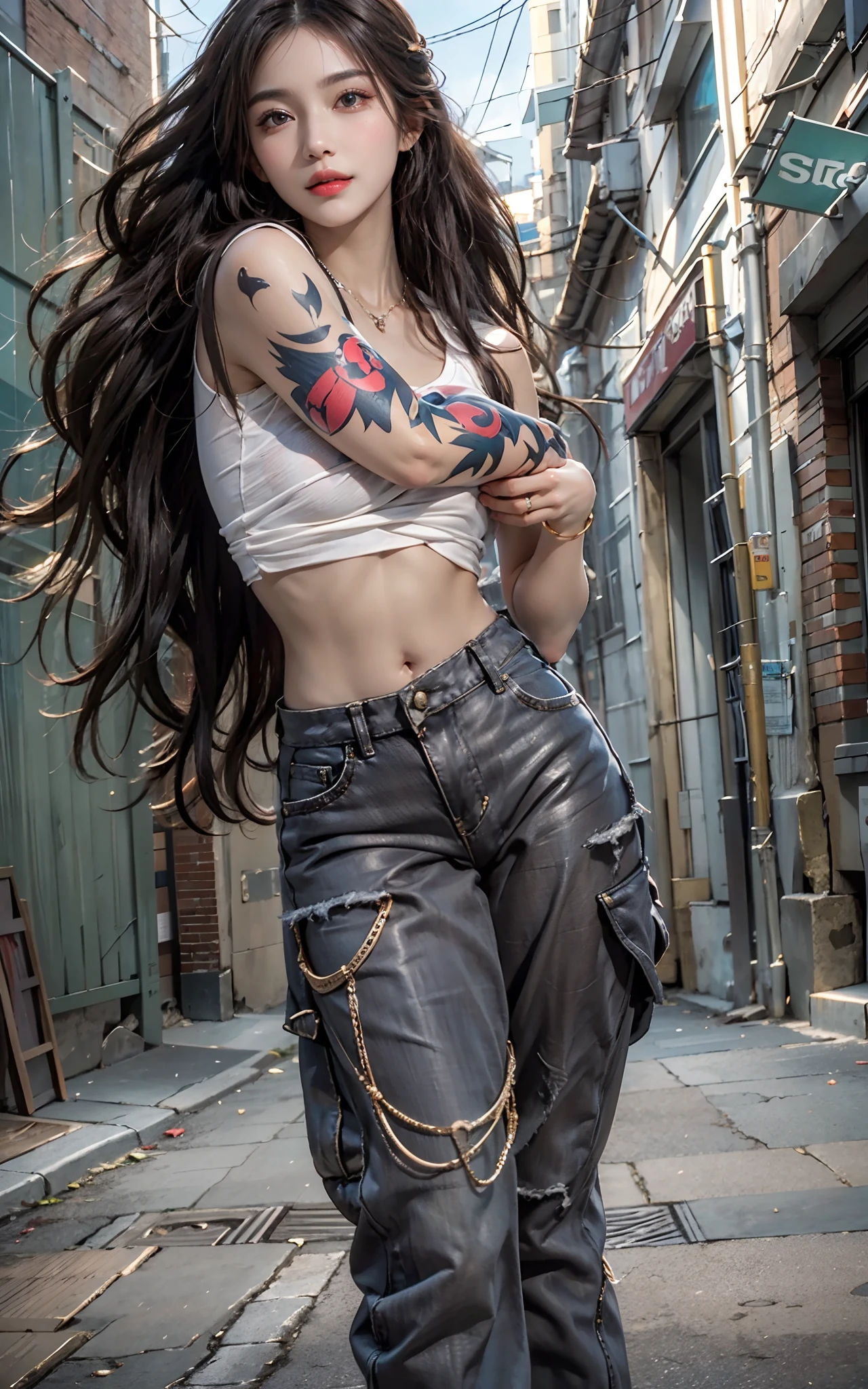 Photorealistic, High resolution, Soft light,1womanl, Solo, hips up high, (Detailed face),The tattoo, Jewelry, street wear, Beautiful Soldier, An eye that invites the viewer, Lover's perspective, inviting expression, Sexy smile, Perfect Style, Perfect balance, Detailed skin, Naughty gaze, Chest visible