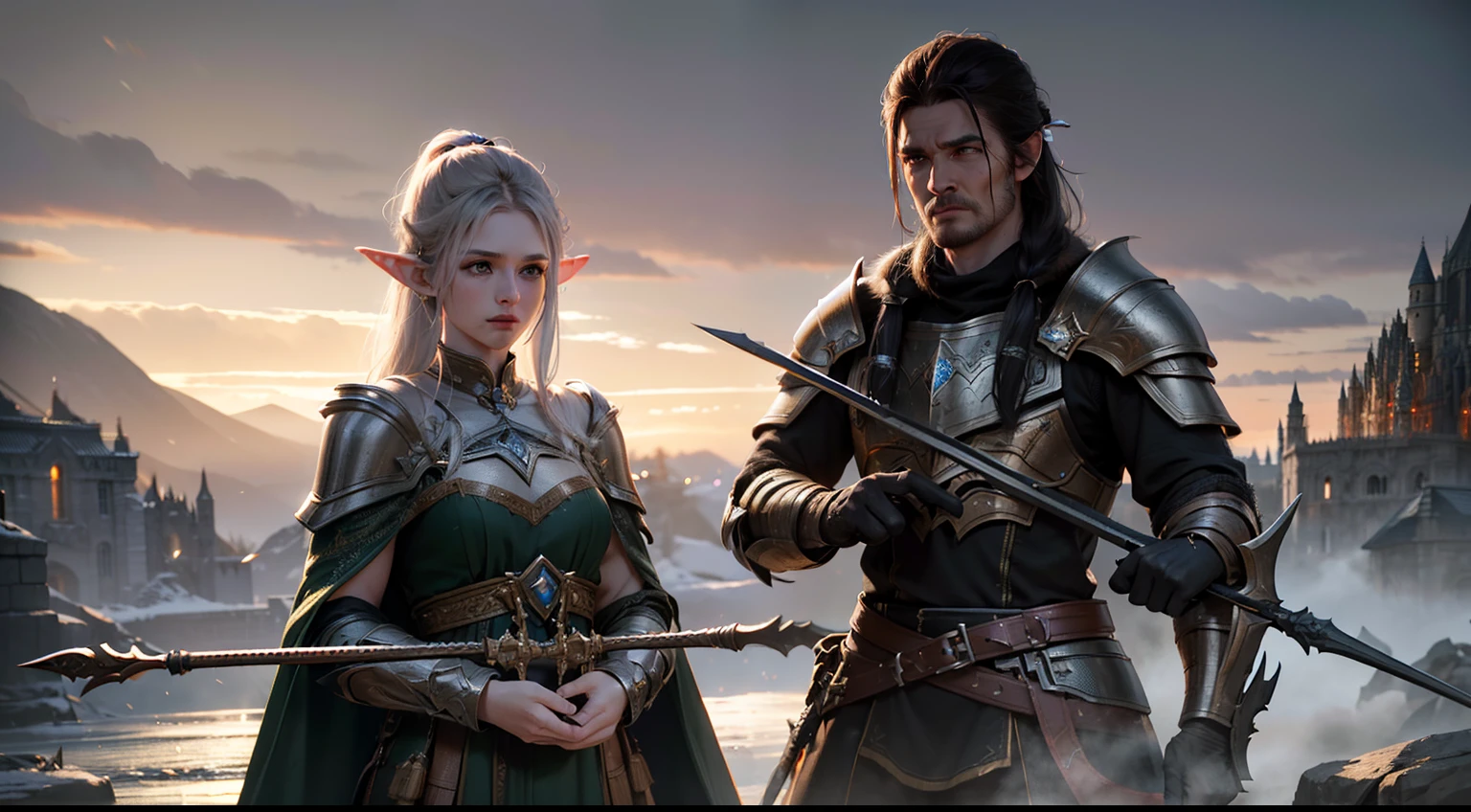 hyper-detailed, insane details, beautifully color-graded, Unreal engine, Depth of field, extra high resolution, megapixel, Cinematic Lightning, Smoothing, insanely detailed and intricate , Hyper maximalist, hyper realistic, volumetric, Photorealistic, ultra photorealistic, ultra- detailed, intricate details, 8K, Super detailed , Full color, voluminous lighting, HDR, Realistic, Unreal engine, 16k, sharp-focus, Octane Render, RTX. Incredibly detailed faces, Incredible fingers, Unbelievable eyes, Incredible hair, Incredible hands. duo, 2 elves. (( In the hands of the bow )) (( Squatting )) (( Against the background of Whiterun from the game Skyrim, vibe ))