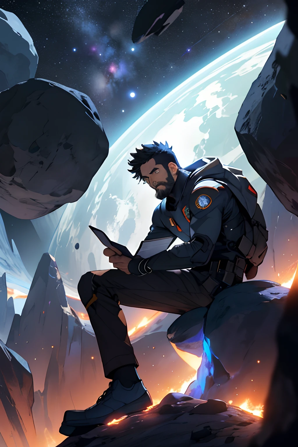 Draw a young programmer, sitting on a research platform floating in the middle of an asteroid belt. He is studying with a notebook, surrounded by several asteroids glowing with fiery auras. Dramatic lighting from distant stars and planets illuminates the scene, casting deep shadows on the suit. The young man looks confident and determined, looking at the vast and mysterious universe with wonder and respect,facial hair, cowboy shot,