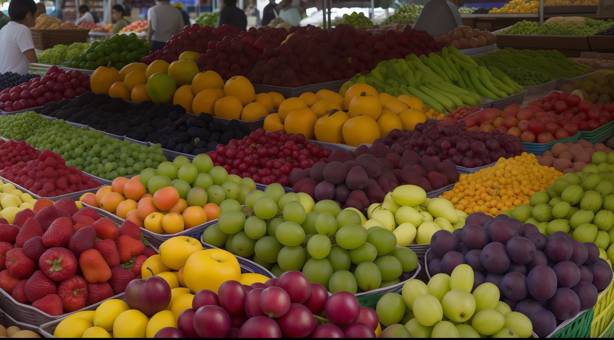 There are many different types of fruits and vegetables on display, estande de frutas coloridas, Stand colorido do mercado, Fruit, mercado, frutas frescas, Os ecos vibrantes do mercado, Frutas, vibrant and vivid, Coloridos, bancas de mercado, cheio de cor, Mercado de rua, elaborate composition, cores vibrantes, cores vivas vibrantes, cena vibrante, cor vibrante