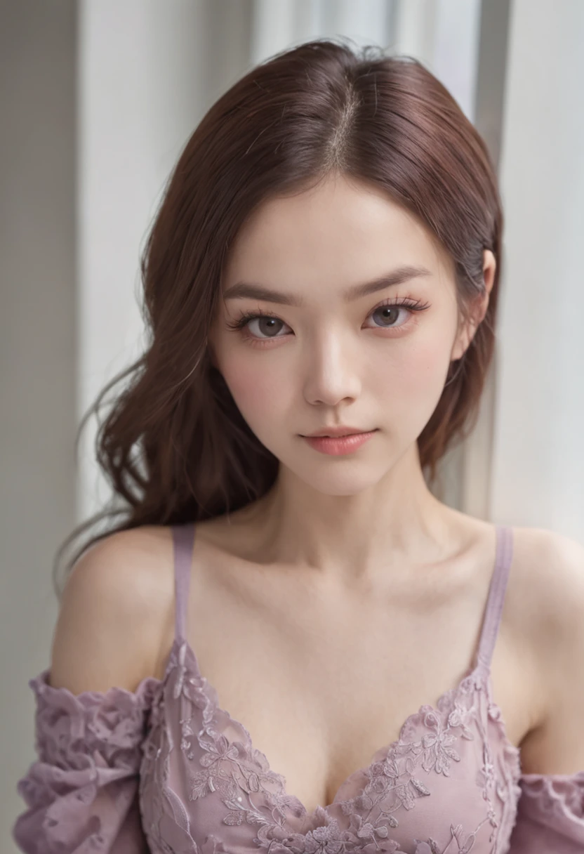 A very shrewd and beautiful woman,Hair shoulder to shoulder，Black and supple，Light is discerning，She was born with a pair of danfeng eyes，Fly slightly upwards under the cover of long eyelashes，Skinny jeans with a purple T-shirt,Naturally, there is a special charm，Femme and moving.