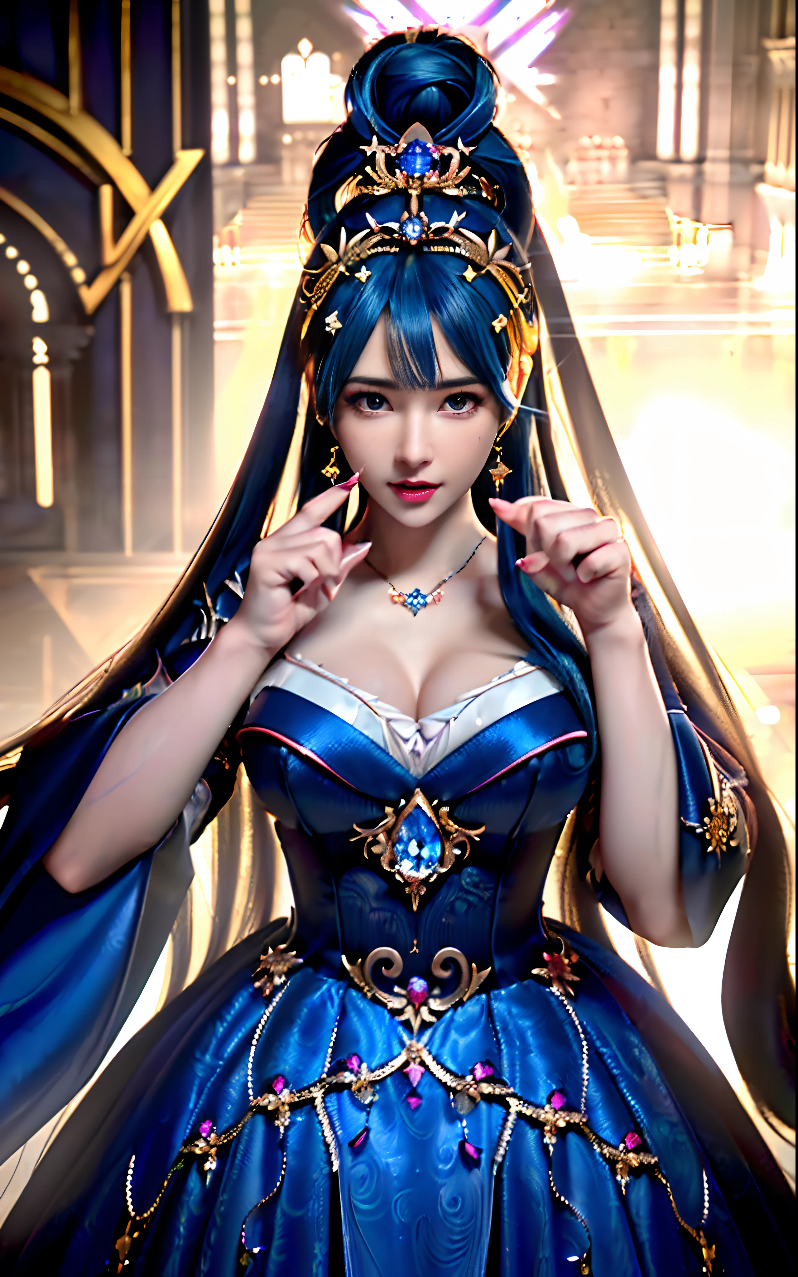 A woman in her 50s wearing a blue dress and a gold belt, Wearing a blue Chinese dress, Wearing a blue Chinese dress, Portrait of Chun-Li, Real life anime girls, Anime Girl Cosplay, Portrait of Chun-Li, palace , Girl in Han Dress, Realistic Anime 3D Style, Anime Cosplay, Cute anime waifu in a nice dress