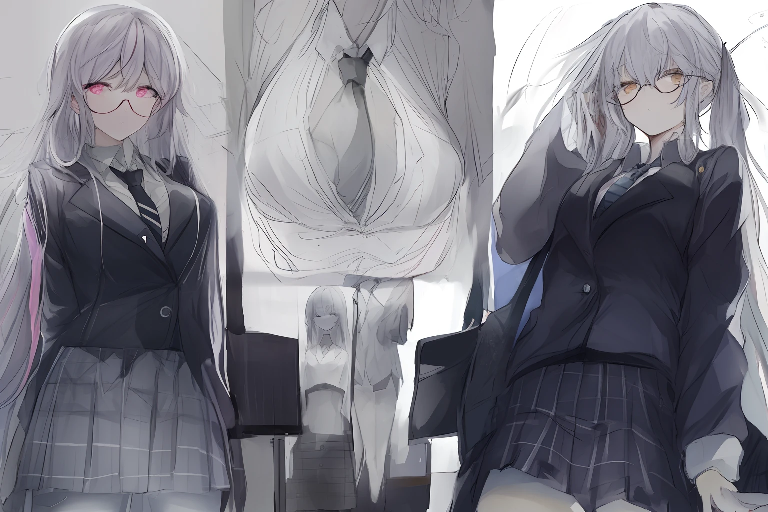 17Year old schoolgirl High school girl in black high socks Japan puffed out cheeks Fume Lack of eye power The skirt is ironed The shirt is ironed The tie is about to come off plaid skirts Glasses twin tail rough sketch The contours are not black Outlines are colors々colourfull17Year old schoolgirl High school girl in black high socks Japan puffed out cheeks Fume Lack of eye power The skirt is ironed The shirt is ironed The tie is about to come off plaid skirts Glasses twin tail rough sketch The contours are not black Outlines are colors々Use colorful colors less saturated watercolor paiting The contour line is thin and delicate There are many contour lines Hair is pink hair is long Hair is tied Twin-tailed The skeleton is very thin very thin shoulders Udder is small The height is170centimeter Weight is30kilogram Fume Lack of eye power Use colors that don't open your eyes less saturated watercolor paiting The contour line is thin and delicate There are many contour lines Hair is pink hair is long Hair is tied Twin-tailed The skeleton is very thin very thin shoulders Udder is small The height is170centimeter Weight is30kilogram Fume Lack of eye power Eyes are not open tightly