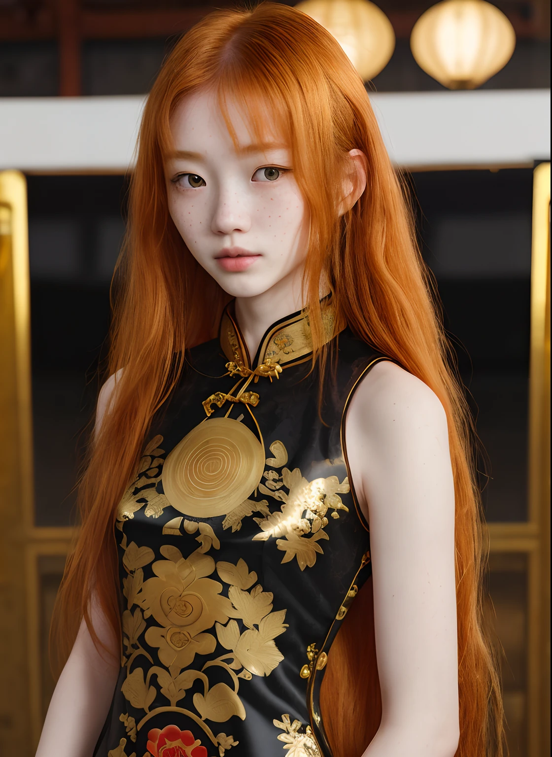 messy long flowing ginger hair, ( gold|black translucent:1.4 cheongsam:1.331), asian redhead ginger girl (18 years old), (freckles, pale skin), defined jawline, smaller head, gorgeous and seductive