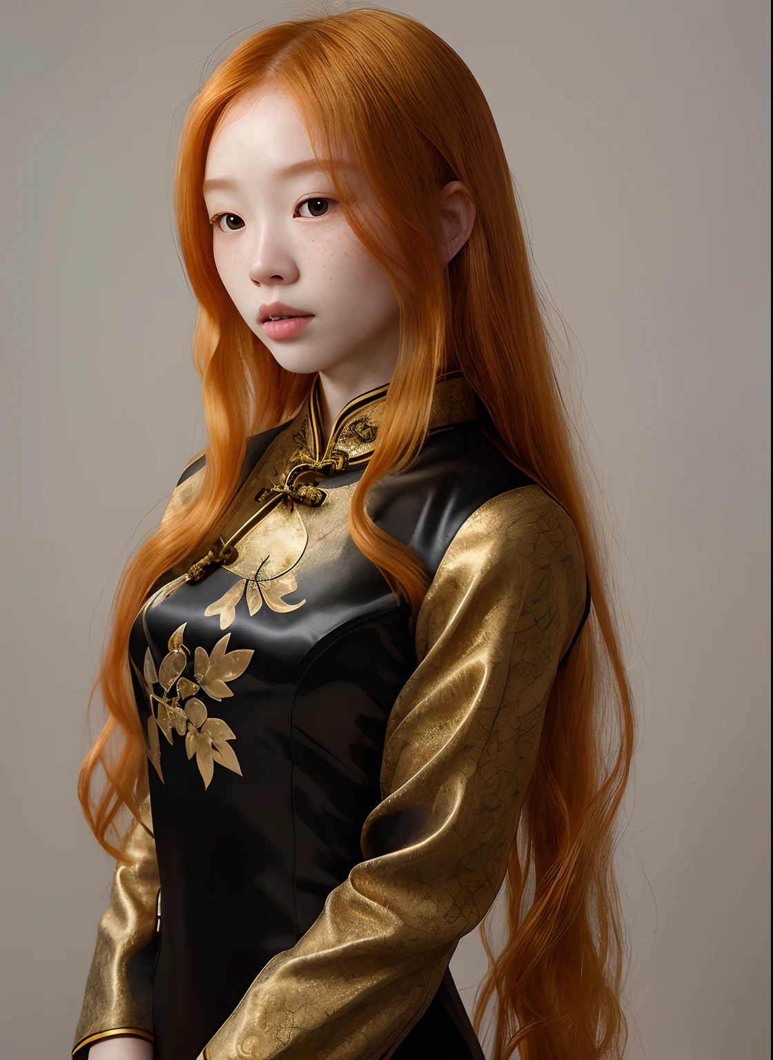 messy long flowing ginger hair, ( gold|black translucent:1.4 cheongsam:1.331), asian redhead ginger girl (18 years old), (freckles, pale skin), defined jawline, smaller head, gorgeous and seductive