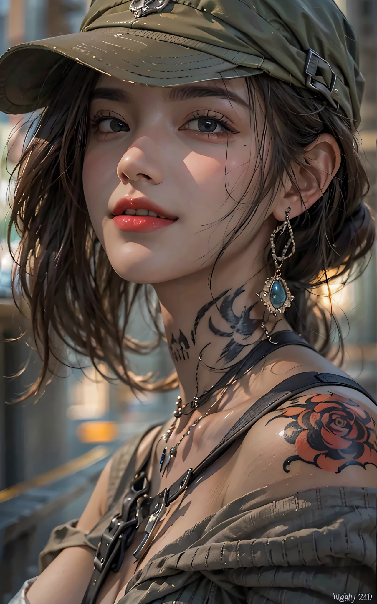 Photorealistic, High resolution, Soft light,1womanl, Solo, hips up high, (Detailed face),The tattoo, Jewelry, street wear, Beautiful Soldier, An eye that invites the viewer, Lover's perspective, inviting expression, Sexy smile, Perfect Style, Perfect balance, Detailed skin, Naughty gaze, Chest visible