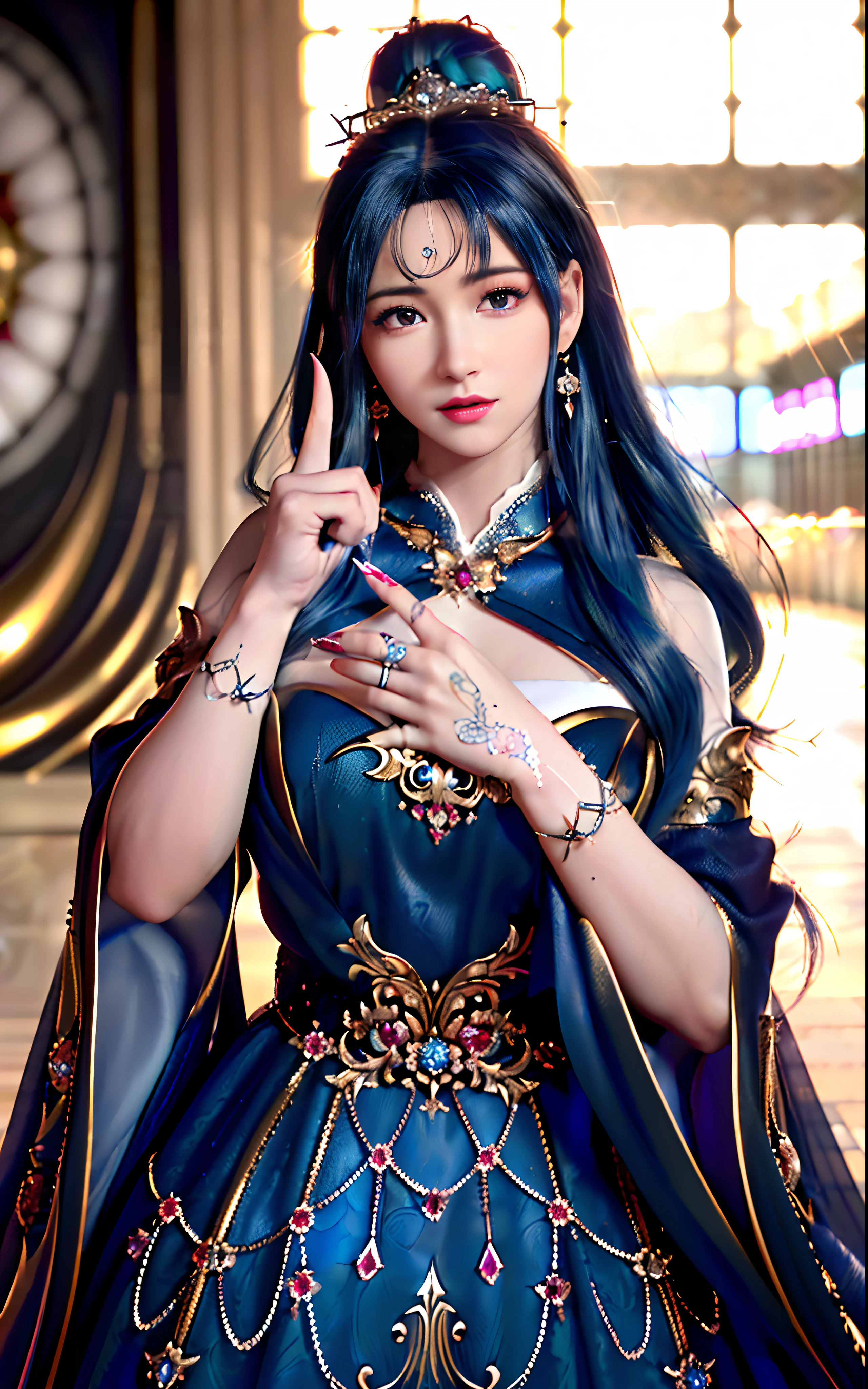 ((realisticity: 1.2)), ((realistic: 8K UHD)), ((best resolution: 8K UHD)), hyper detailed, best quality,masterpiece,highres,cg, ((1 girl hyper detailed and hyper realistic) ) , ((beautiful queen, hyper realistic and hyper detailed)),((white skin, beautiful, smooth, youthful, hyper realistic and hyper detailed )), ((Face hyper beautiful, white, hyper realistic and hyper detailed ) ), long hair, ((hyper realistic and hyper detailed dress)), solo, ((hyper realistic, hyper beautiful, beautiful and hyper detailed jewelry)), ((hyper beautiful deep red and golden yellow dress, hyper realistic and hyper detailed )) , ((Her pretty, hyper realistic, hyper detailed diamond filled earrings)), ((Her gorgeous diamond haircut, hyper realistic and hyper detailed)), ((hyper pretty upper body, hyper beautiful, hyper realistic and hyper detailed) ), ((medium breast: 1.1)), ((hyper realistic, hyper pretty, hyper detailed boobs)), ((the backgroun of the royal palace is hyper majestic, hyper realistic and hyper detailed)),((hands and palms hyper beautiful, hyper detailed, hyper realistic)), ((hyper detailed and hyper realistic fingers and fingernails)), ((hyper pretty fingernails, hyper vivid, hyper detailed, hyper realistic)), ((thumb, index finger, middle finger, ring finger, little finger hyper vivid, hyper pretty, hyper detailed, hyper realistic)), ((hyper beautiful fingers, hyper detailed, and hyper realistic)), ((posture not too fat and not too thin, hyper realistic, hyper detail)), ((hyper pretty, hyper pretty, hyper realistic and hyper detailed hair bun)), ((hyper pretty , hyper realistic and hyper detailed blue hair)), candid, Photo, high resolution, 8k , bokeh,