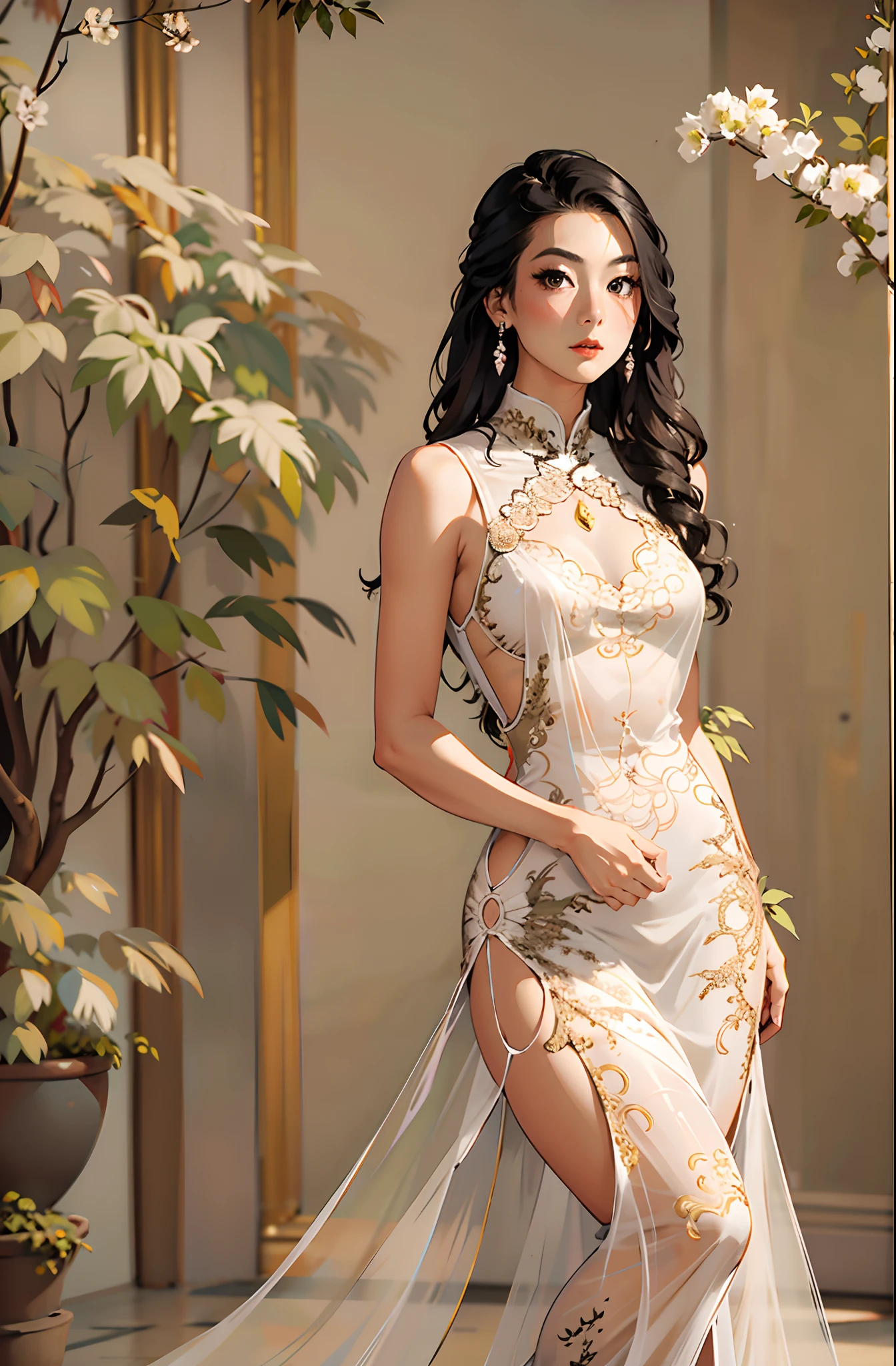 araffe woman in a white dress posing in a room, sexy gown, gorgeous chinese model, full body xianxia, translucent dress, luxury dress, fantasy long intricate gown, cheongsam, sexy dress, intricate fantasy dress, wearing sexy lingerie, chinese dress, intricate outfit, gorgeous young korean woman, wearing an elegant dress, sexy look, beautiful asian woman