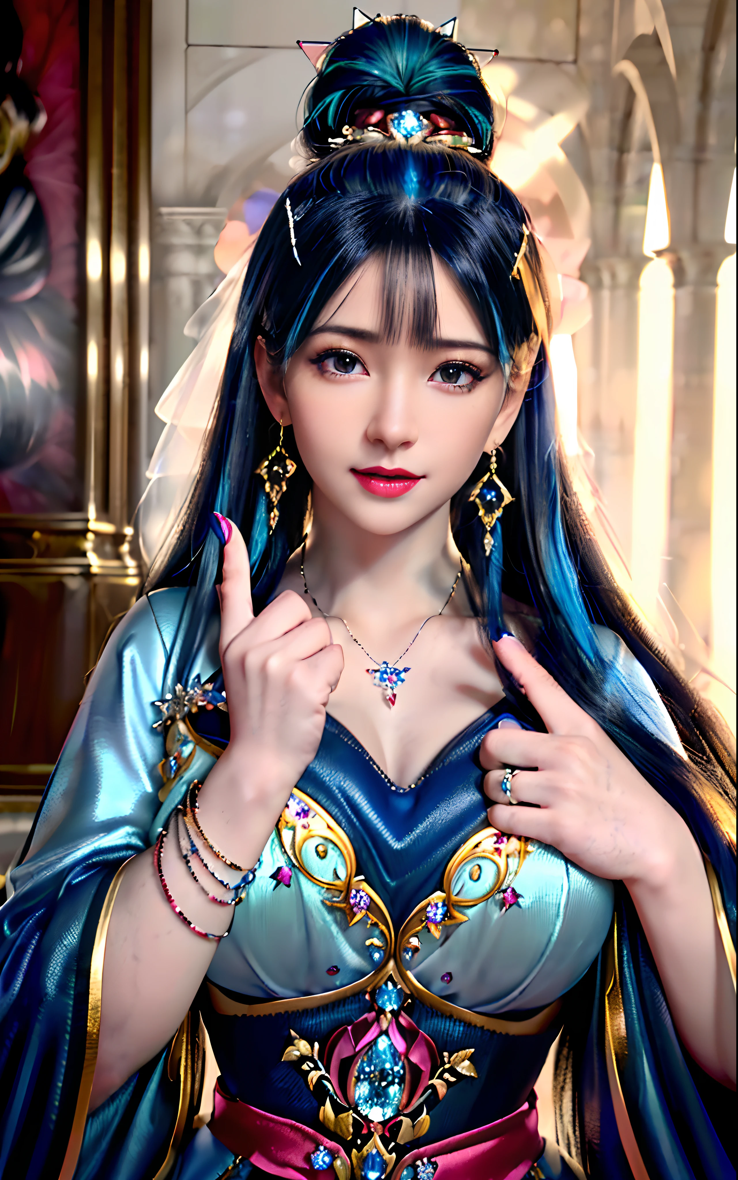 ((realisticity: 1.2)), ((realistic: 8K UHD)), ((best resolution: 8K UHD)), hyper detailed, best quality,masterpiece,highres,cg, ((1 girl hyper detailed and hyper realistic) ) , ((beautiful queen, hyper realistic and hyper detailed)),((white skin, beautiful, smooth, youthful, hyper realistic and hyper detailed )), ((Face hyper beautiful, white, hyper realistic and hyper detailed ) ), long hair, ((hyper realistic and hyper detailed dress)), solo, ((hyper realistic, hyper beautiful, beautiful and hyper detailed jewelry)), ((hyper beautiful deep red and golden yellow dress, hyper realistic and hyper detailed )) , ((Her pretty, hyper realistic, hyper detailed diamond filled earrings)), ((Her gorgeous diamond haircut, hyper realistic and hyper detailed)), ((hyper pretty upper body, hyper beautiful, hyper realistic and hyper detailed) ), ((medium breast: 1.1)), ((hyper realistic, hyper pretty, hyper detailed boobs)), ((the backgroun of the royal palace is hyper majestic, hyper realistic and hyper detailed)),((hands and palms hyper beautiful, hyper detailed, hyper realistic)), ((hyper detailed and hyper realistic fingers and fingernails)), ((hyper pretty fingernails, hyper vivid, hyper detailed, hyper realistic)), ((thumb, index finger, middle finger, ring finger, little finger hyper vivid, hyper pretty, hyper detailed, hyper realistic)), ((hyper beautiful fingers, hyper detailed, and hyper realistic)), ((posture not too fat and not too thin, hyper realistic, hyper detail)), ((hyper pretty, hyper pretty, hyper realistic and hyper detailed hair bun)), ((hyper pretty , hyper realistic and hyper detailed blue hair)), candid, Photo, high resolution, 8k , bokeh,
