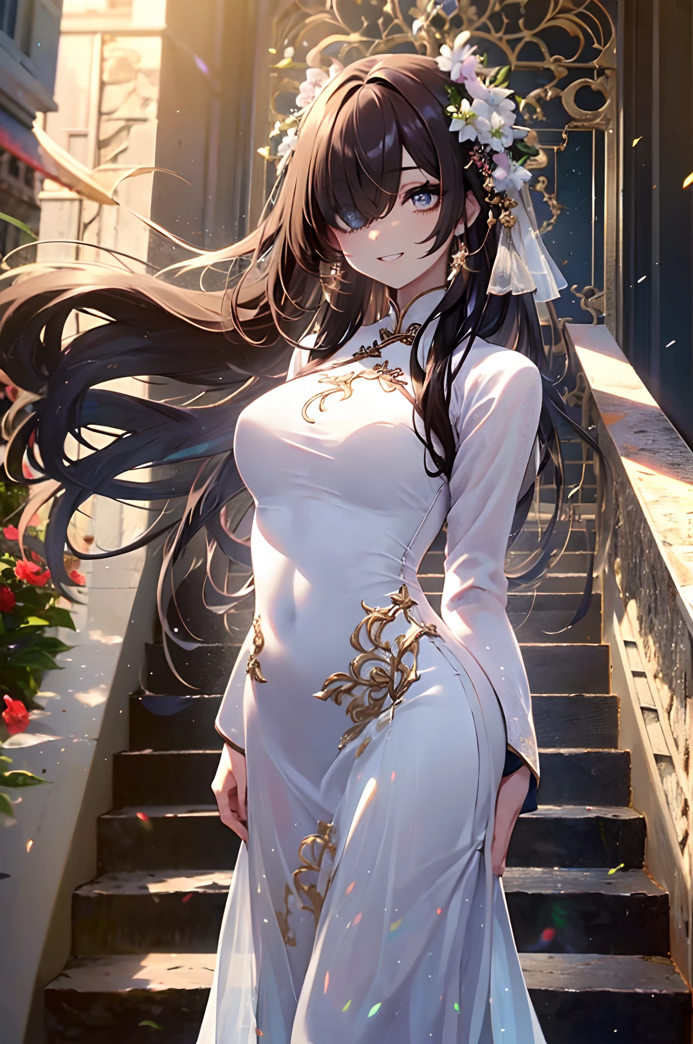 full body, Transcendently Beautiful Girl, (masterpiece face, masterpiece eyes:1.5), BREAK, (long hair, hair over one eye, straight heavy hair, brown hair:1.3), BREAK, Flat_Chest, Huge_breasts, wide_lower back, grin, long eyelashes, makeup, BREAK, (Five Fingers, 4fingers and 1thumb), (plain white ao dai:1.5), side focus, standing, outdoor, daytime, garden, no wind, (from below, from behind:1.3), Masterpiece, best quality, captures a super cute moment, depth of field, ultra detailed, ultra high resolution, C4D, Octadale, 3D modeling, 8k, 16k,