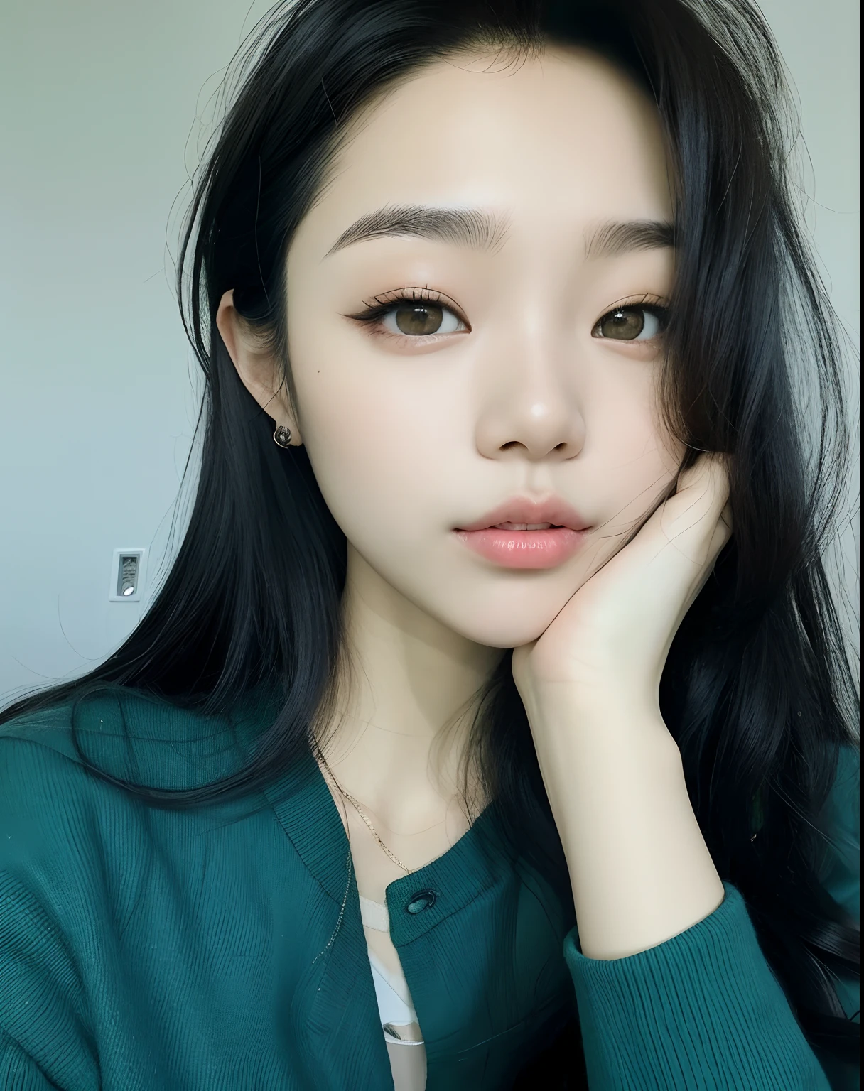 A closeup of a woman with long hair and a green sweater, young adorable korean face, korean face features, beautiful aesthetic face, Ulzzang, wan adorable korean face, korean symmetrical face, Mulher sul-coreana bonita, maquiagem coreana popular, maquiagem sul-coreana popular, coreana, mulher coreana jovem bonita, linda mulher coreana jovem, olhos macios e queixo estreito