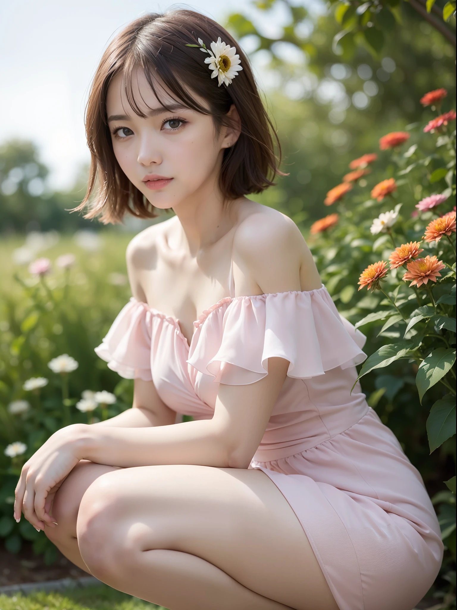 ((of the highest quality, 8K, masutepiece: 1.3, Raw photo)), Sharp Focus: 1.2, (1 AESPA Girl :1.1), Solo, (Realistic, Photorealistic: 1.37), (Face Focus: 1.1), Cute face, hyperdetailed face, short messy hair, Small Smile, small breast, slender, (Off-the-shoulder chiffon dress: 1.2), thigh, squatting, garden, flower, dahlia