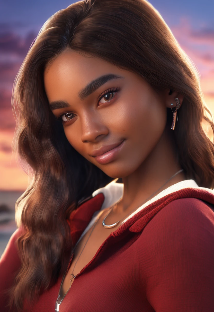 ((top quality, 8k, masterpiece: 1.3)), sharp focus: 1.2, (realistic, photorealistic: 1.37), half African half asian beautiful woman, highly detailed face and skin texture, detailed eyes, double eyelids, small smile, long wavy brown hair, small bust, small necklace, black sweater, upper body, sunset sun, afternoon teen bedroom. selfie. Instagram selfie low quality, teen snapchat selfie