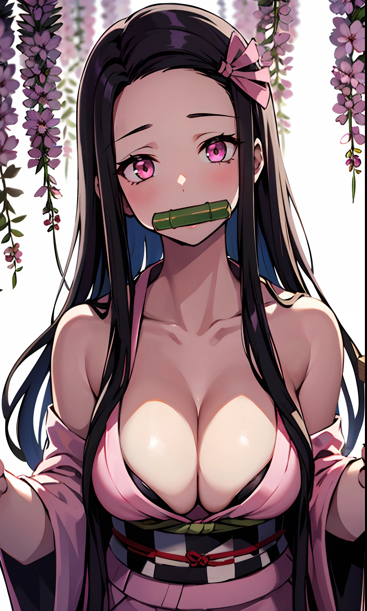 masterpiece, (pink kimono), seductive face, good lighting, décolleté, fine details, masterpiece, glowing eyes, 1girl, black hair, gag, bamboo, Nezuko Kamado, wisteria background, masterpiece, best quality, POV, whole body, wide hips,
