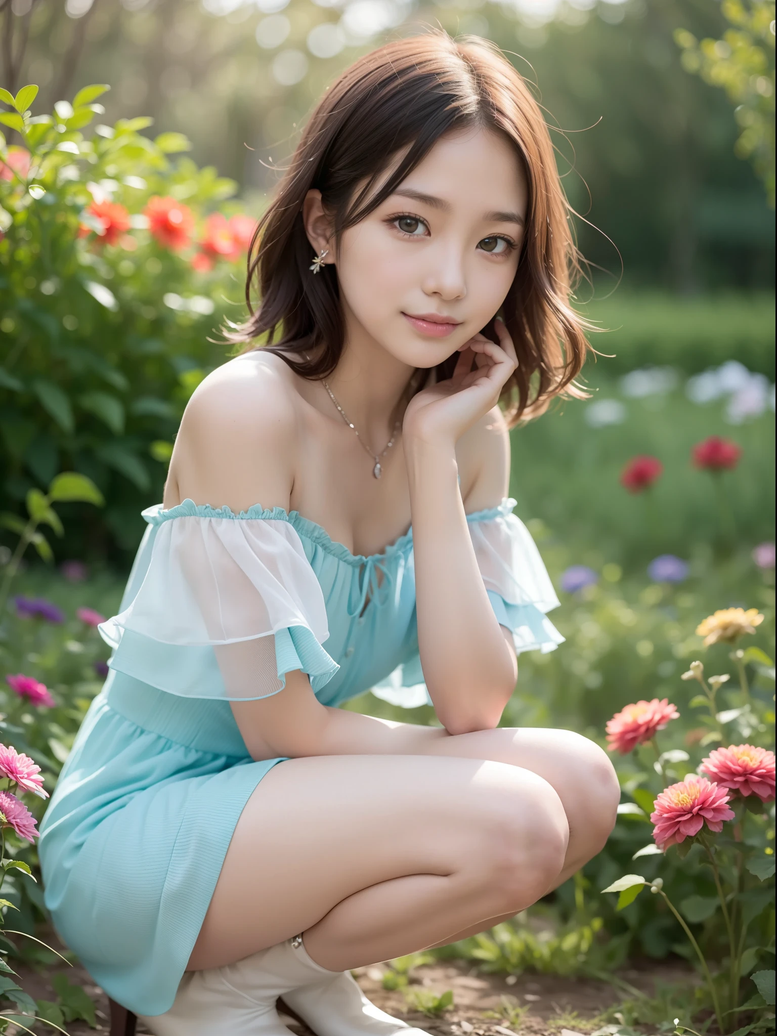 ((of the highest quality, 8K, masutepiece: 1.3, Raw photo)), Sharp Focus: 1.2, (1 AESPA Girl :1.1), Solo, (Realistic, Photorealistic: 1.37), (Face Focus: 1.1), Cute face, hyperdetailed face, short messy hair, Small Smile, slender, (Off-the-shoulder chiffon dress: 1.2), thigh, squatting, garden, flower, dahlia