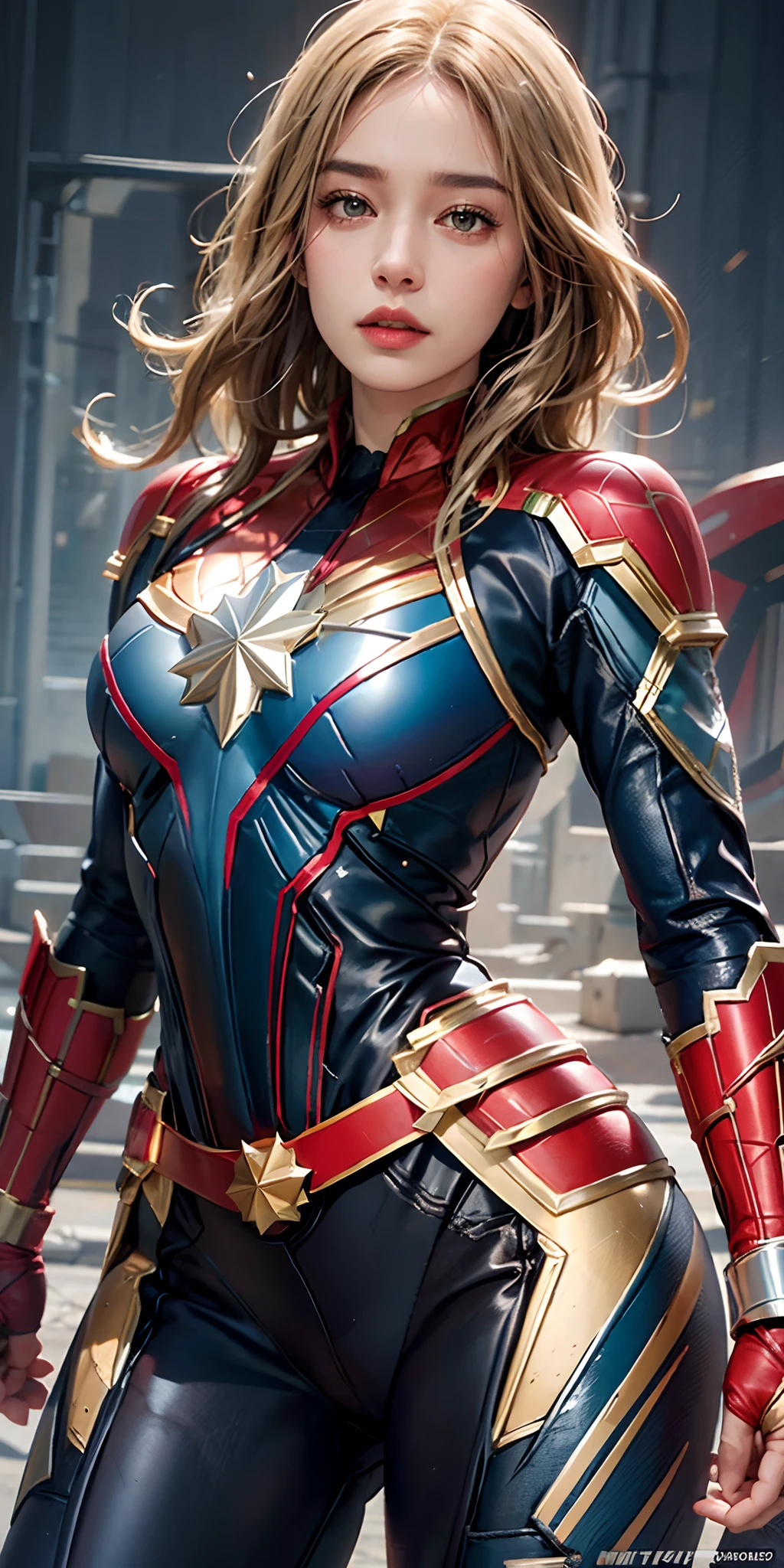 photorealistic, high resolution, soft light,1women, solo, hips up, shining skin, (detailed face), captain marvel costume